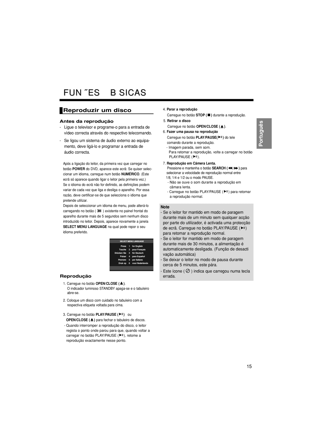 Samsung DVD-F1080/XEC, DVD-F1080/EDC manual Funções Básicas, Reproduzir um disco, Antes da reprodução, Reprodução 