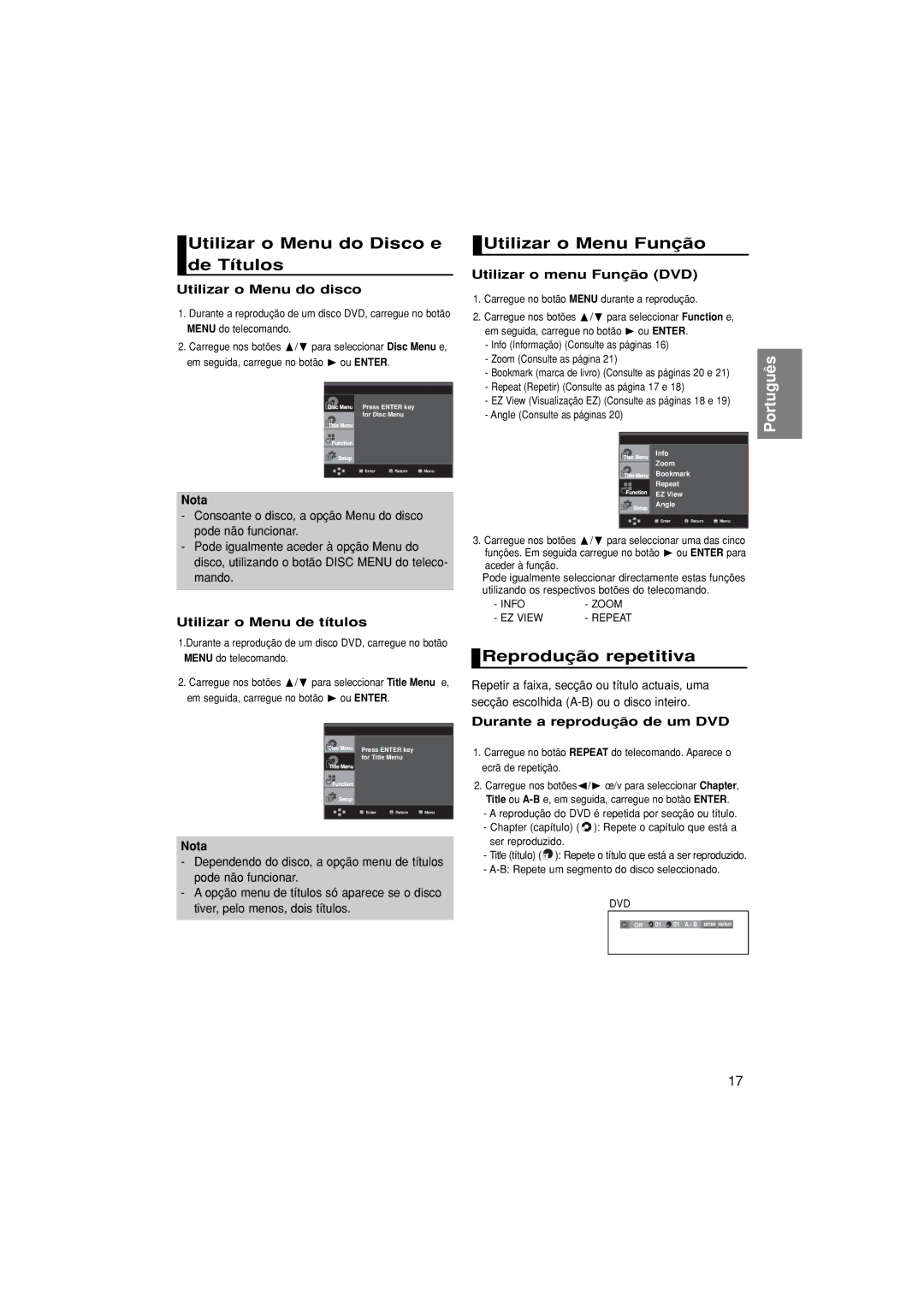 Samsung DVD-F1080/XEC, DVD-F1080/EDC Utilizar o Menu do Disco e de Títulos, Utilizar o Menu Função, Reprodução repetitiva 