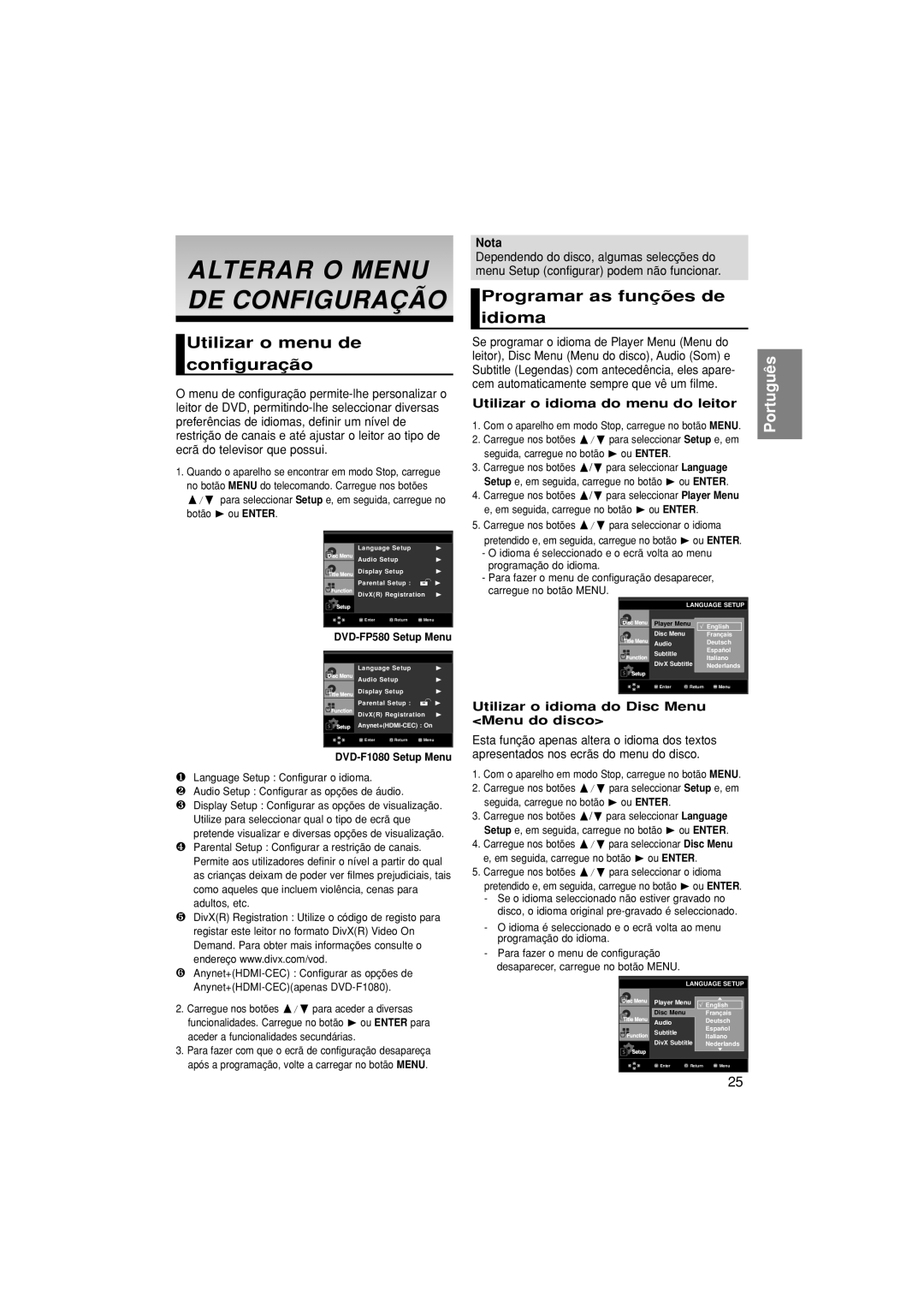 Samsung DVD-F1080/XEC Alterar O Menu DE Configuração, Utilizar o menu de configuração, Programar as funções de idioma 
