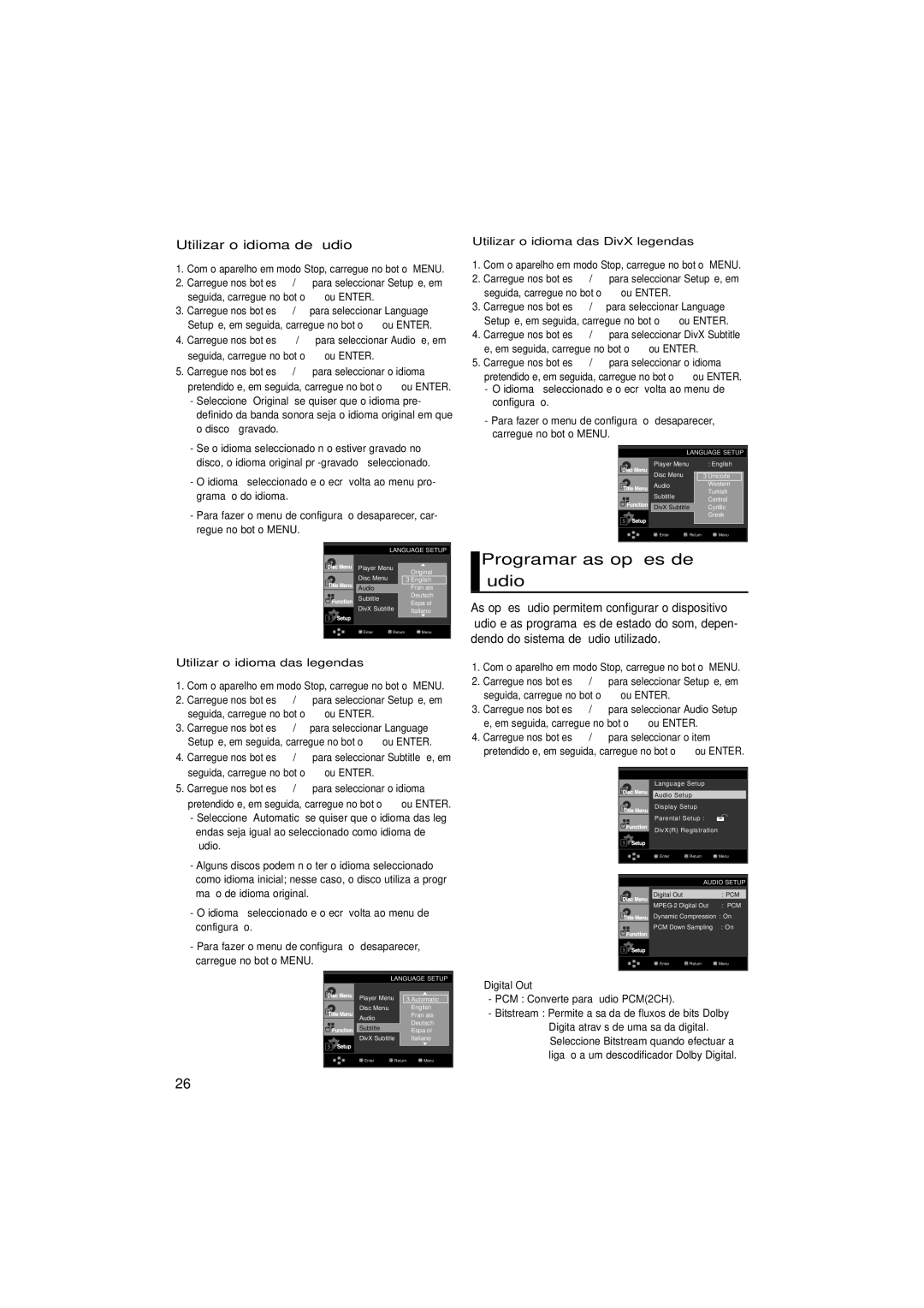 Samsung DVD-F1080/EDC manual Programar as opções de áudio, Utilizar o idioma de áudio, Utilizar o idioma das legendas 