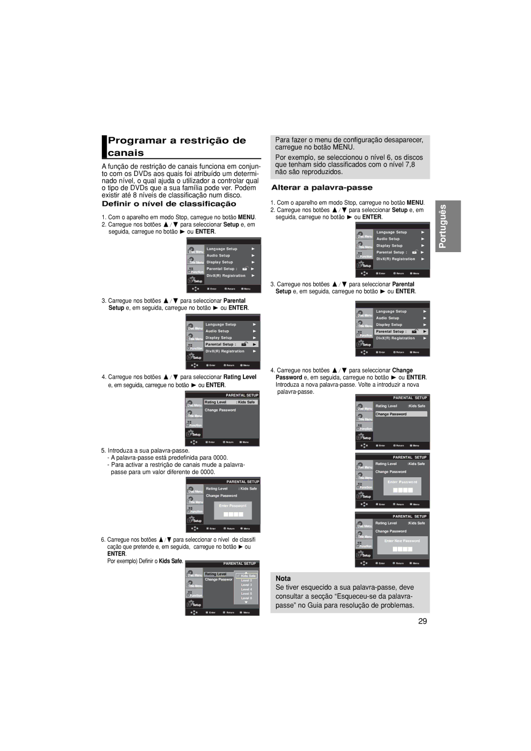 Samsung DVD-F1080/XEC manual Programar a restrição de canais, Definir o nível de classificação, Alterar a palavra-passe 