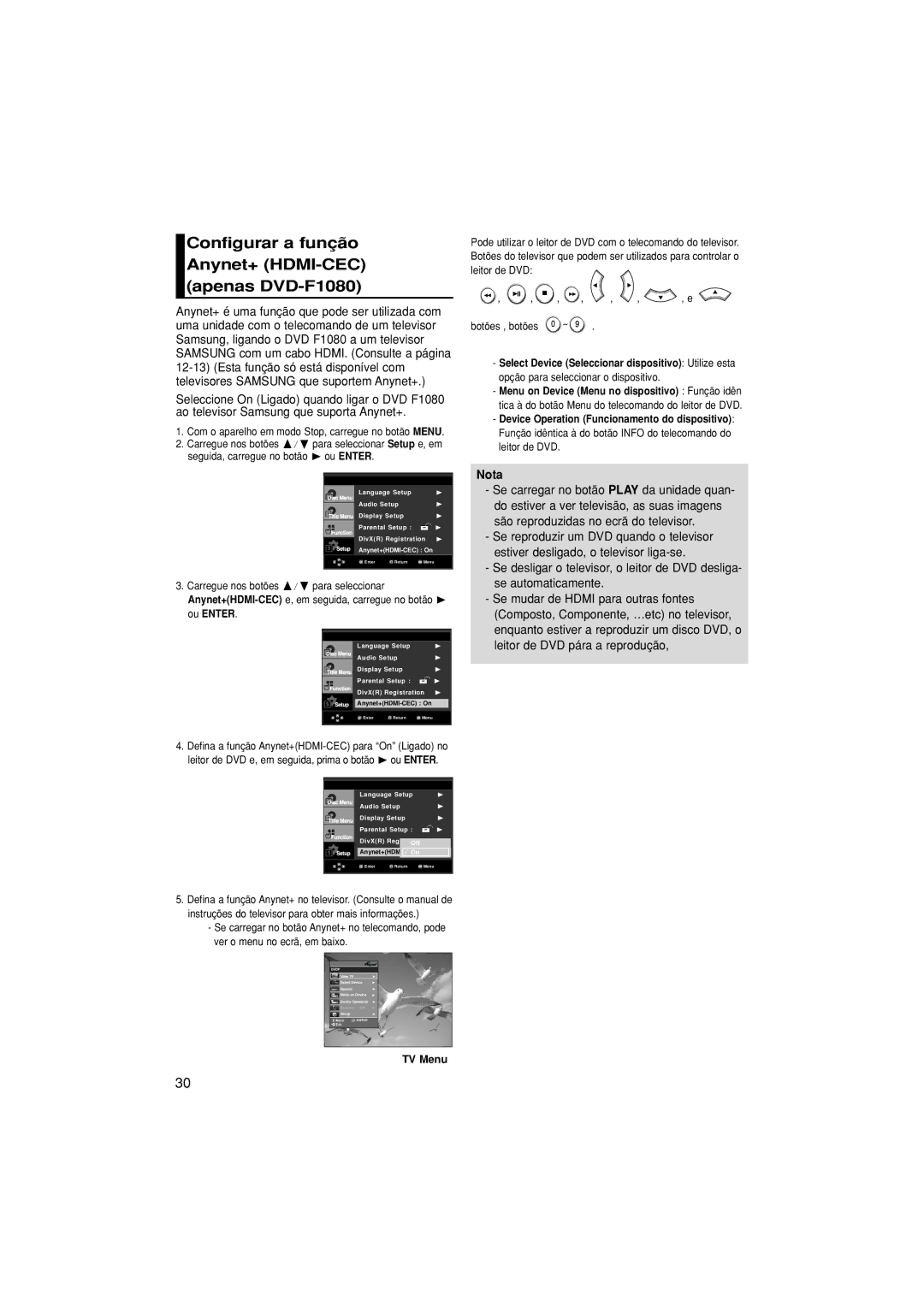 Samsung DVD-F1080/EDC, DVD-F1080/XEC manual Configurar a função Anynet+ HDMI-CEC apenas DVD-F1080, TV Menu 