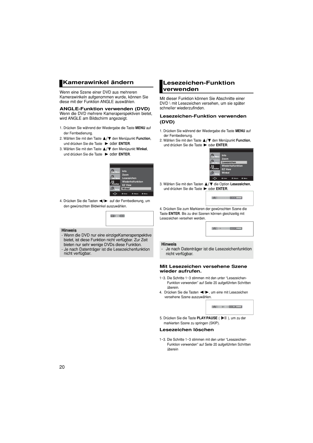 Samsung DVD-F1080/EDC, DVD-F1080/XTC manual Kamerawinkel ändern, Lesezeichen-Funktion verwenden DVD, Lesezeichen löschen 