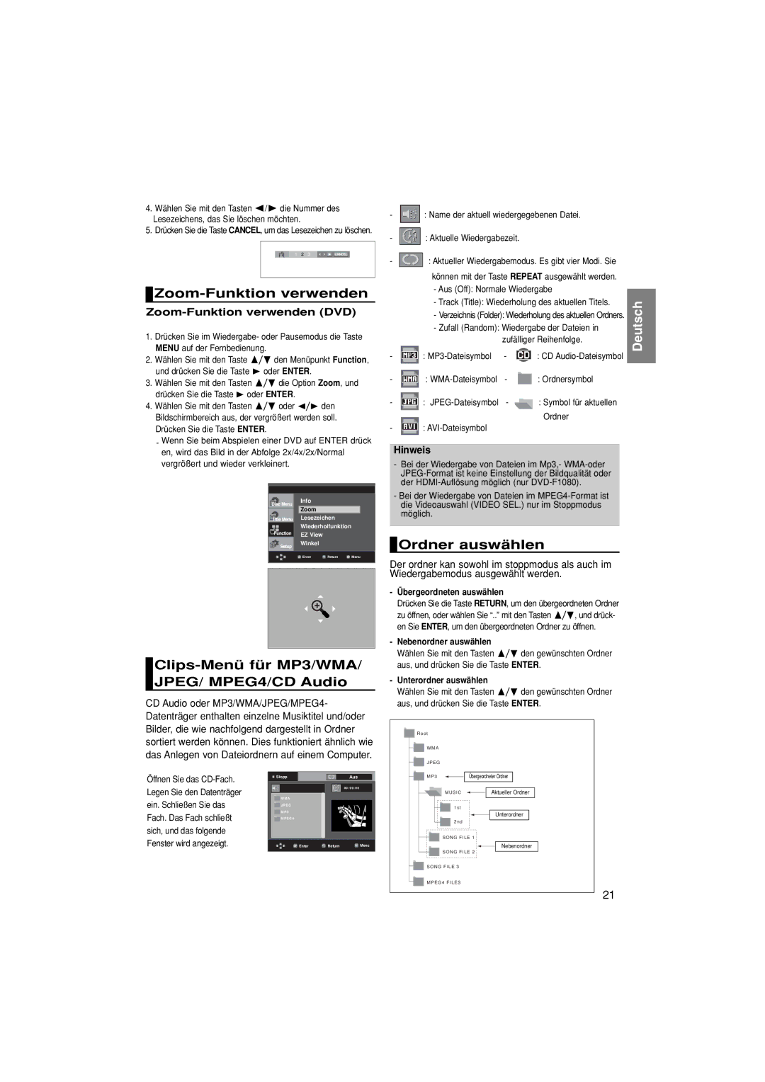 Samsung DVD-F1080/XTC manual Zoom-Funktion verwenden, Clips-Menü für MP3/WMA/ JPEG/ MPEG4/CD Audio, Ordner auswählen 