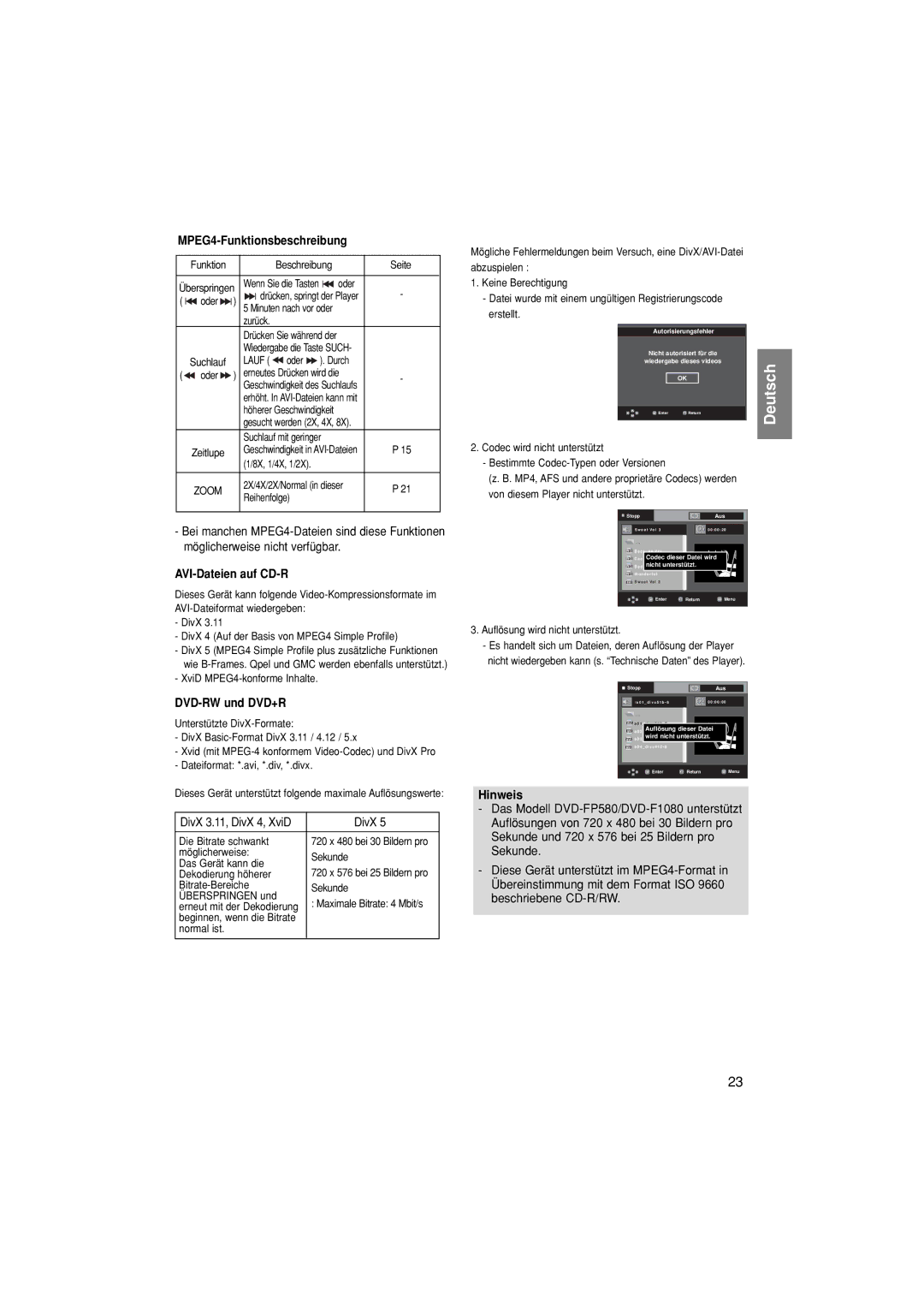 Samsung DVD-F1080/XEL, DVD-F1080/EDC, DVD-F1080/XTC MPEG4-Funktionsbeschreibung, AVI-Dateien auf CD-R, DVD-RW und DVD+R 