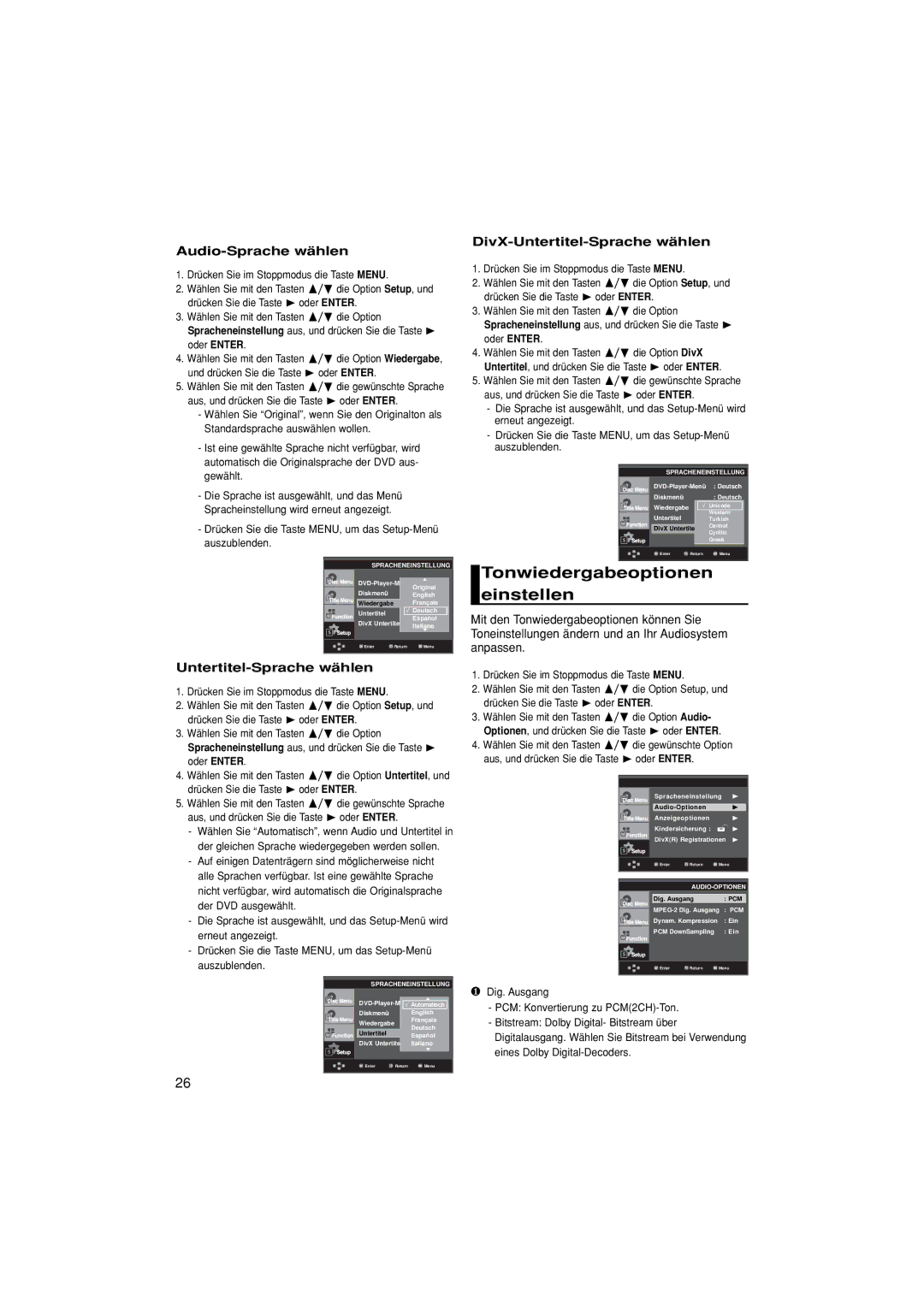 Samsung DVD-F1080/XEC, DVD-F1080/EDC Tonwiedergabeoptionen einstellen, Audio-Sprache wählen, Untertitel-Sprache wählen 