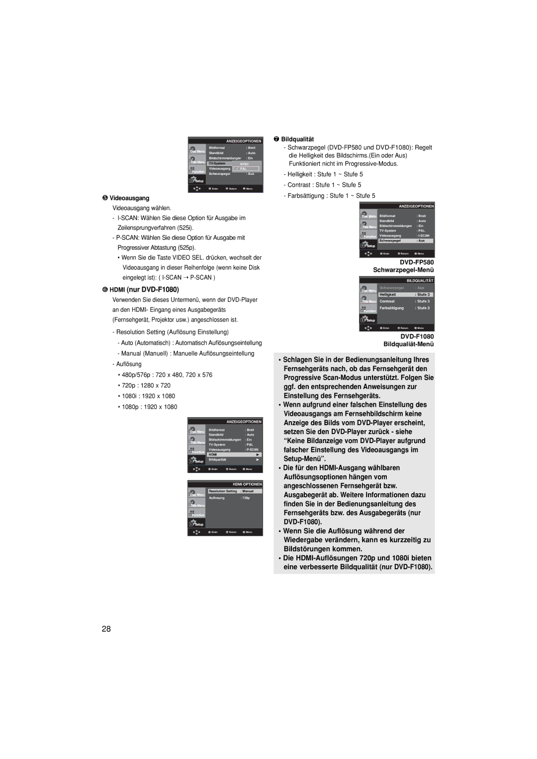 Samsung DVD-F1080/XEE, DVD-F1080/EDC manual ❻ Hdmi nur DVD-F1080, ❺ Videoausgang Videoausgang wählen, ❼ Bildqualität 