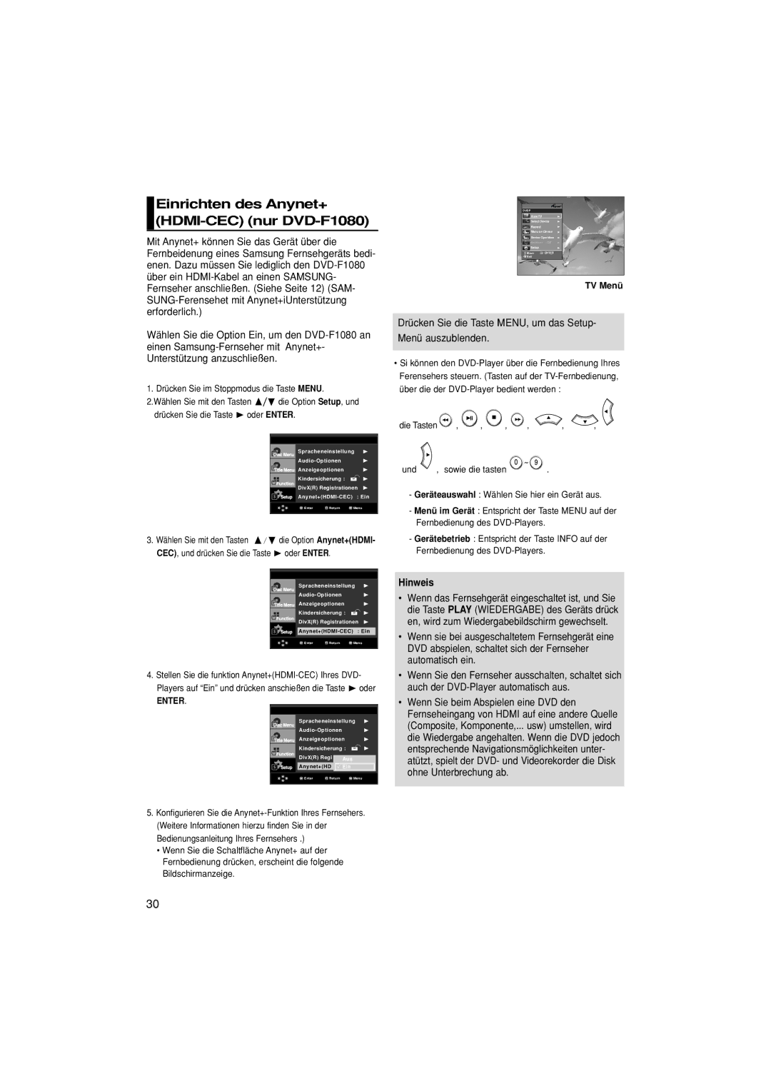 Samsung DVD-F1080/EDC, DVD-F1080/XTC, DVD-F1080W/XEL, DVD-F1080/XEL Einrichten des Anynet+ HDMI-CEC nur DVD-F1080, TV Menü 