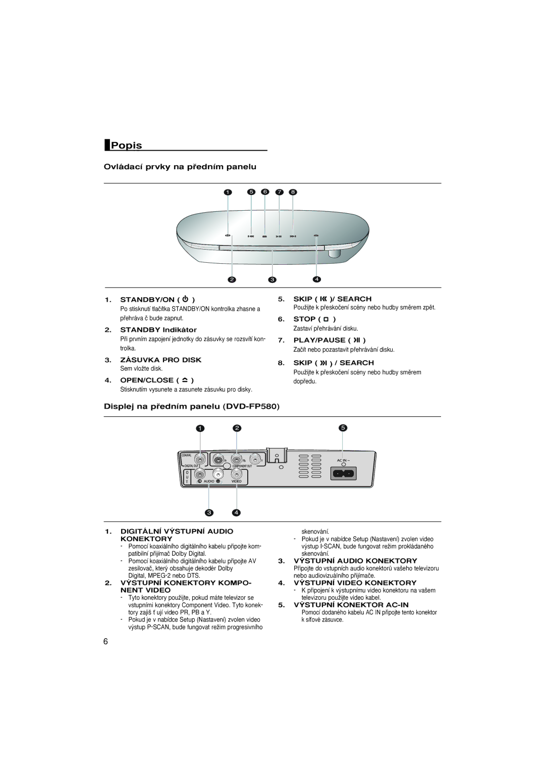 Samsung DVD-F1080/XTC, DVD-F1080/EDC manual Popis, Ovládací prvky na pﬁedním panelu, Displej na pﬁedním panelu DVD-FP580 