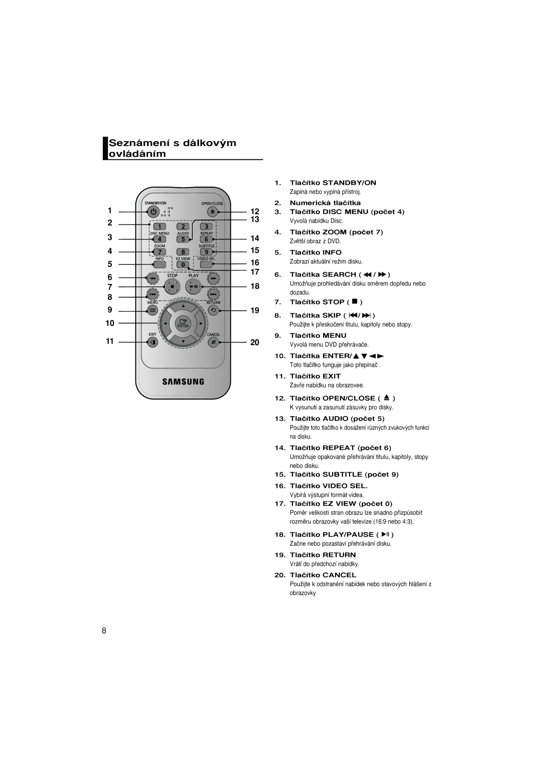 Samsung DVD-F1080/XEL, DVD-F1080/EDC, DVD-F1080/XTC, DVD-F1080W/XEL, DVD-F1080/XET manual Seznámení s dálkov˘m ovládáním 