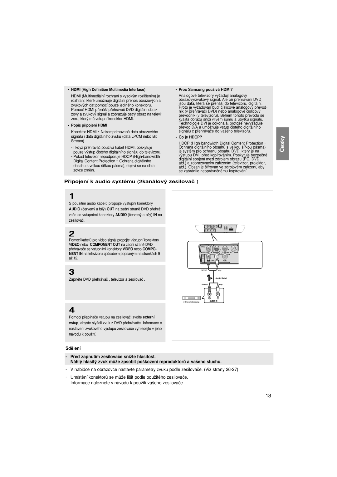 Samsung DVD-F1080/XEE, DVD-F1080/EDC, DVD-F1080/XTC, DVD-F1080W/XEL manual Pﬁipojení k audio systému 2kanálov˘ zesilovaã 