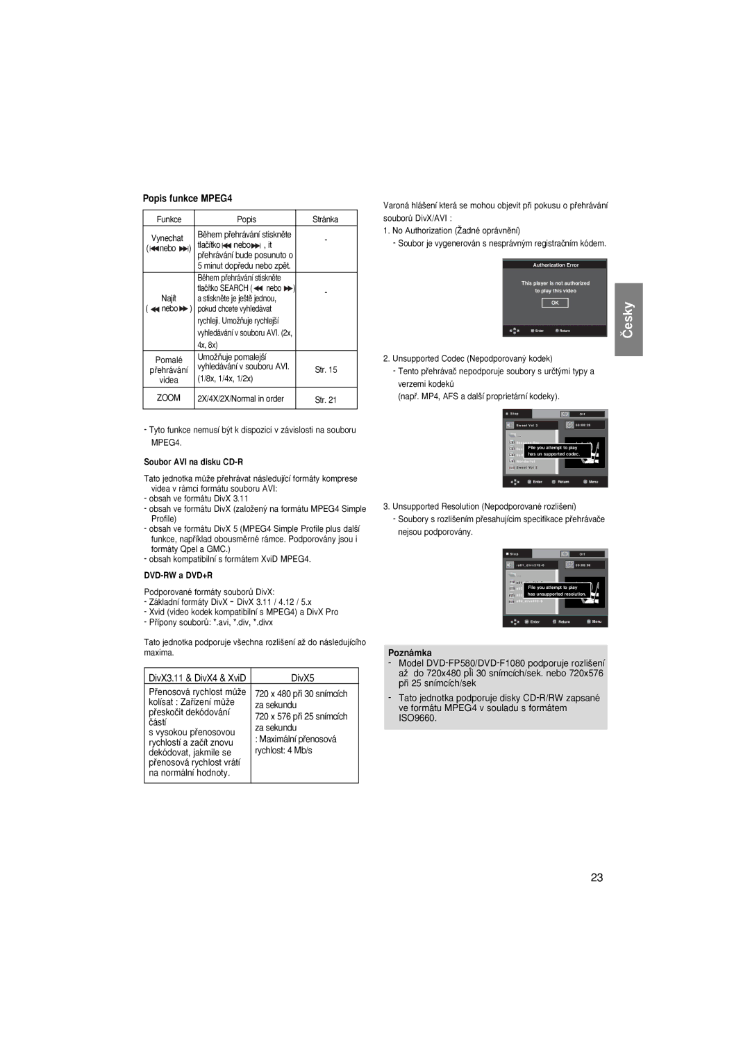 Samsung DVD-F1080/XEE, DVD-F1080/EDC, DVD-F1080/XTC Popis funkce MPEG4, DivX5, Soubor AVI na disku CD-R, DVD-RW a DVD+R 