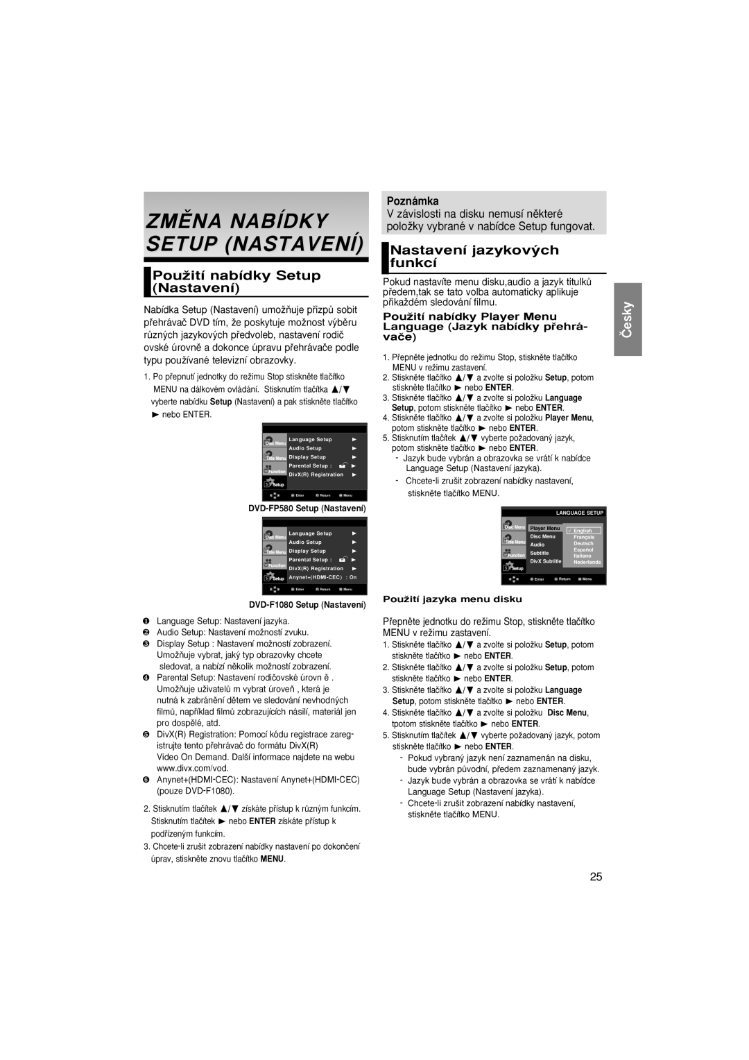 Samsung DVD-F1080/EDC manual PouÏití nabídky Setup Nastavení, Nastavení jazykov˘ch funkcí, DVD-FP580 Setup Nastavení 