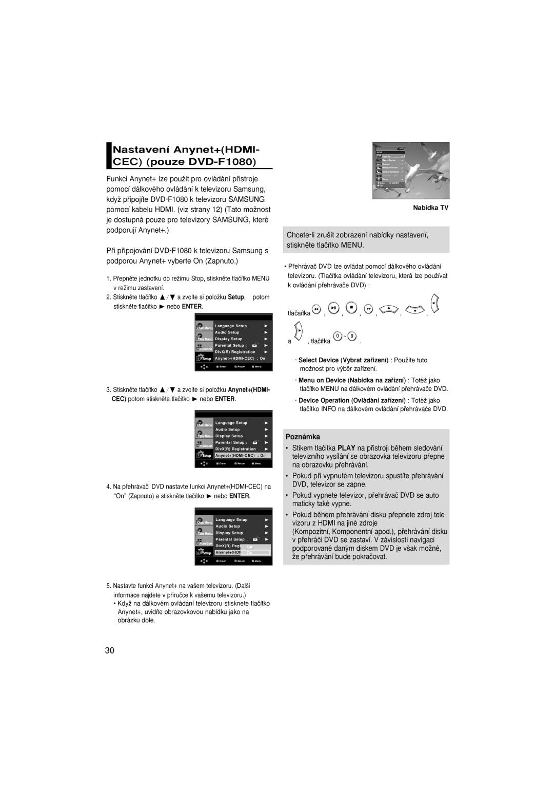 Samsung DVD-FP580/EDC, DVD-F1080/EDC, DVD-F1080/XTC, DVD-F1080W/XEL Nastavení Anynet+HDMI- CEC pouze DVD-F1080, Nabídka TV 