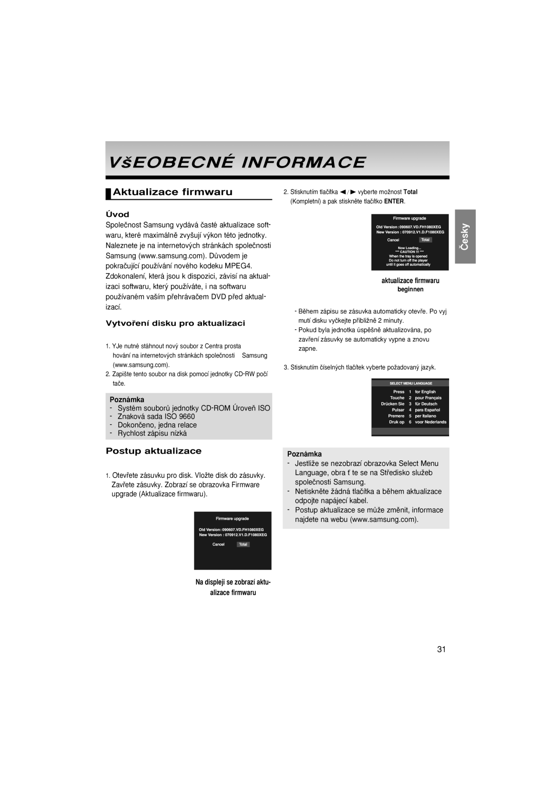 Samsung DVD-F1080/XEC manual ‰EOBECNÉ Informace, Aktualizace firmwaru, Úvod Vytvoﬁení disku pro aktualizaci, Beginnen 