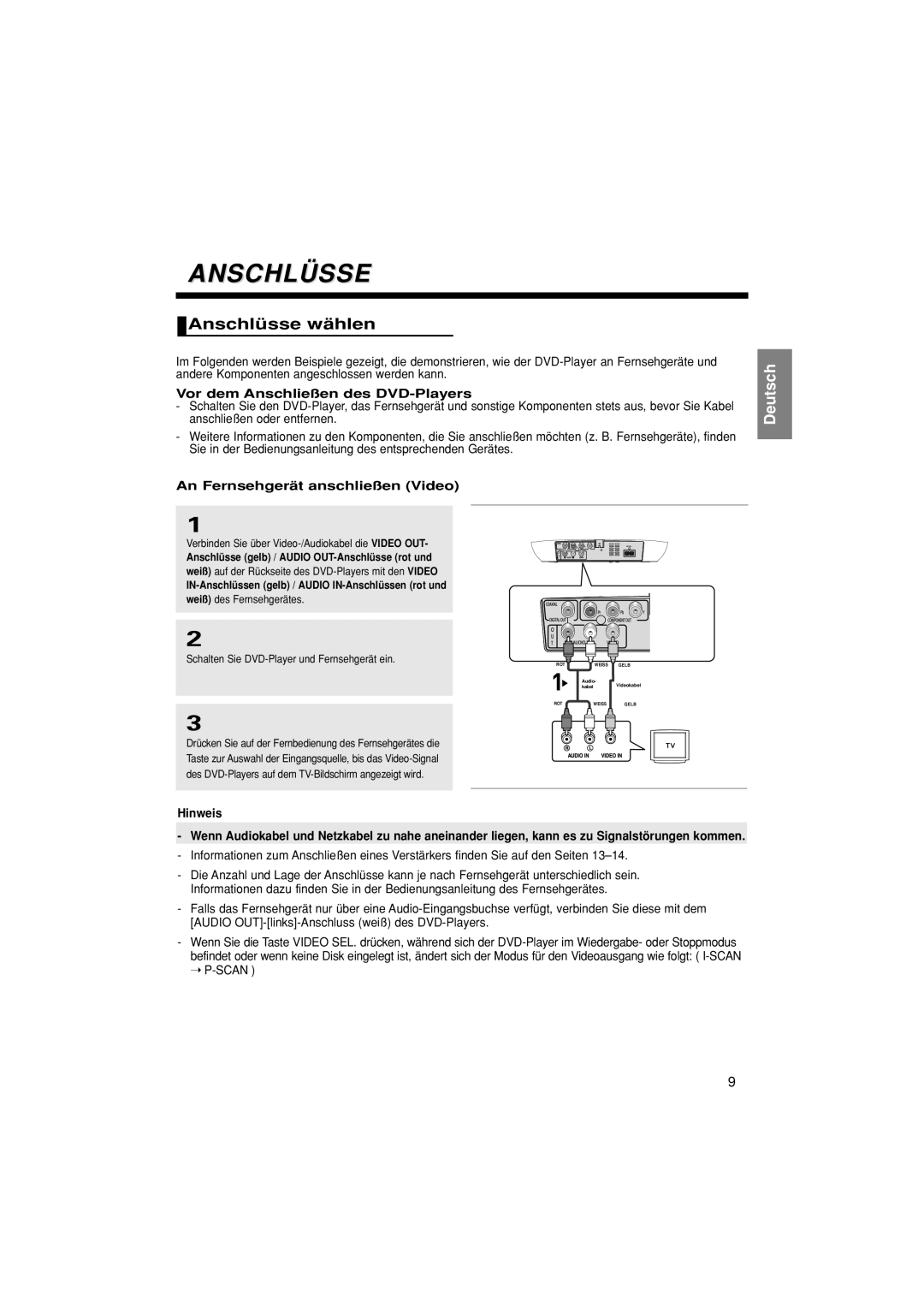 Samsung DVD-F1080W/EDC Anschlüsse wählen, Vor dem Anschließen des DVD-Players, An Fernsehgerät anschließen Video, Hinweis 