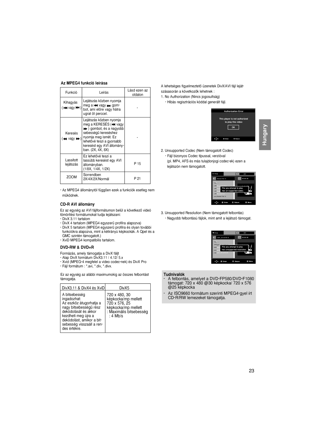 Samsung DVD-F1080W/XEL, DVD-F1080/EDC, DVD-F1080/XTC, DVD-F1080/XEL manual Az MPEG4 funkció leírása, CD-R AVI állomány 