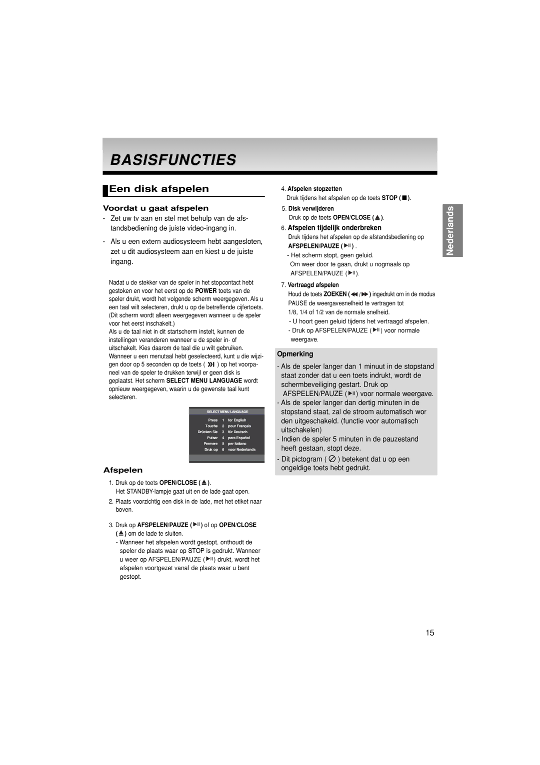 Samsung DVD-F1080/EDC manual Basisfuncties, Een disk afspelen, Voordat u gaat afspelen, Afspelen tijdelijk onderbreken 