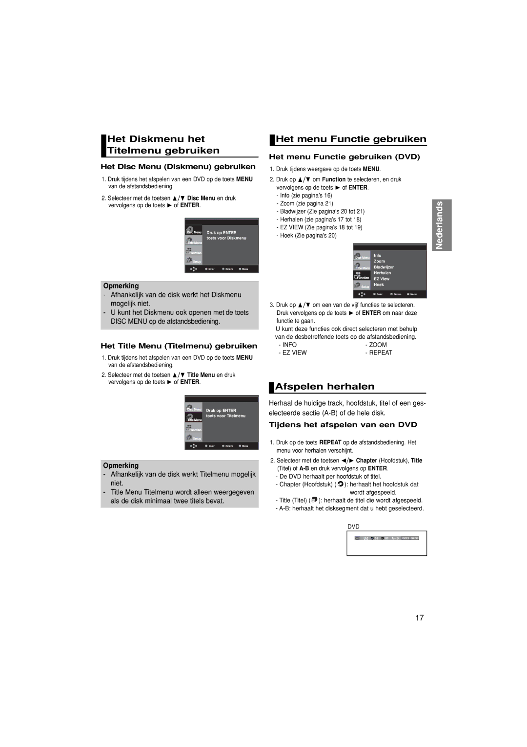 Samsung DVD-FP580/XEL, DVD-F1080/EDC Het Diskmenu het Titelmenu gebruiken, Het menu Functie gebruiken, Afspelen herhalen 