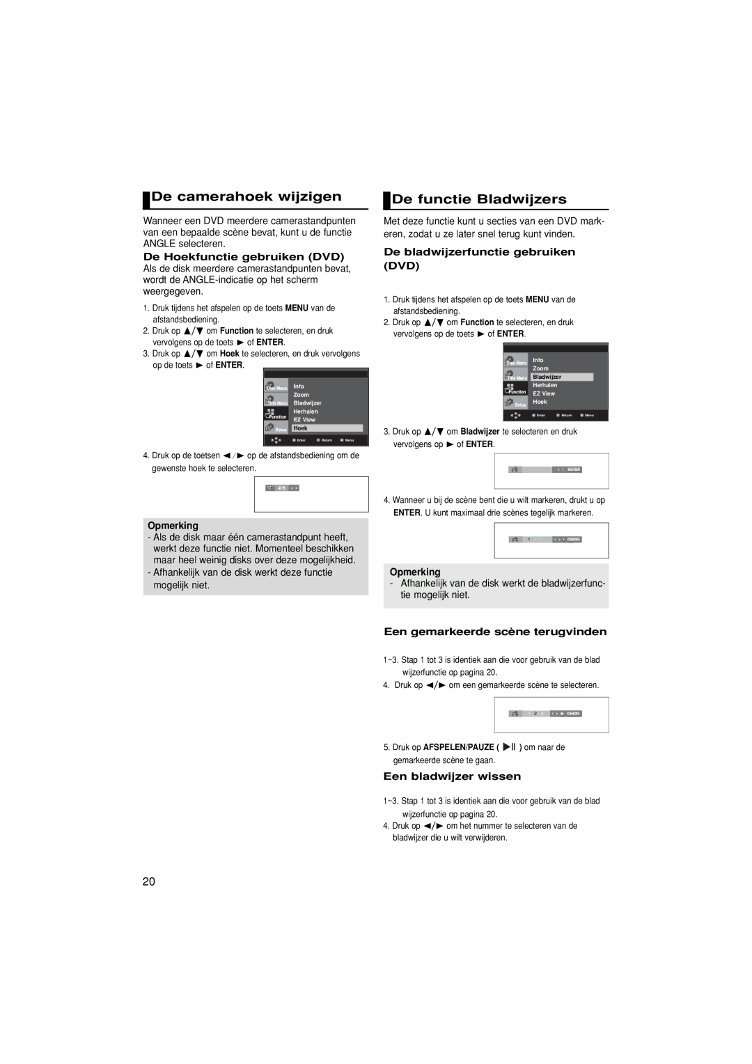 Samsung DVD-F1080/EDC, DVD-F1080/XTC De camerahoek wijzigen, De functie Bladwijzers, De bladwijzerfunctie gebruiken DVD 