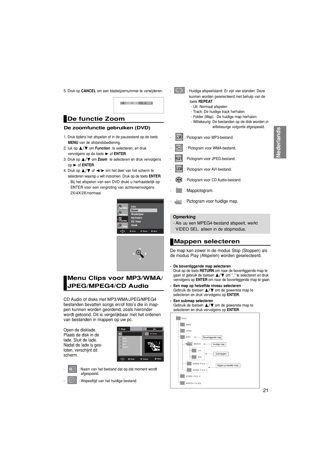 Samsung DVD-F1080/XTC, DVD-F1080/EDC manual De functie Zoom, Menu Clips voor MP3/WMA/ JPEG/MPEG4/CD Audio, Mappen selecteren 