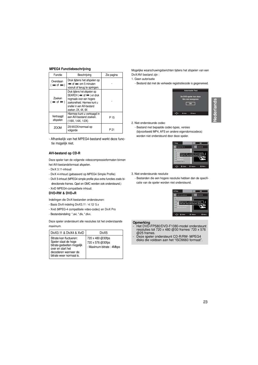 Samsung DVD-F1080W/XEL, DVD-F1080/EDC, DVD-F1080/XTC, DVD-FP580/XEL manual MPEG4 Functiebeschrijving, AVI-bestand op CD-R 