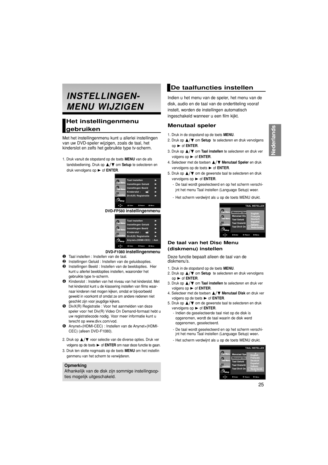 Samsung DVD-F1080/EDC manual INSTELLINGEN- Menu Wijzigen, Het instellingenmenu gebruiken, De taalfuncties instellen 