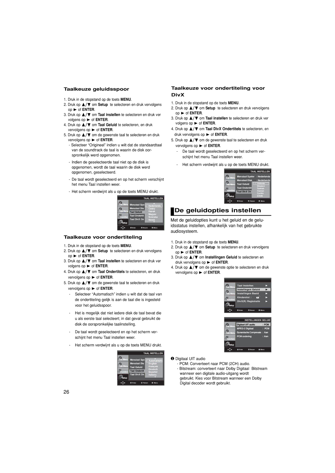 Samsung DVD-F1080/XTC, DVD-F1080/EDC manual De geluidopties instellen, Taalkeuze geluidsspoor, Taalkeuze voor ondertiteling 