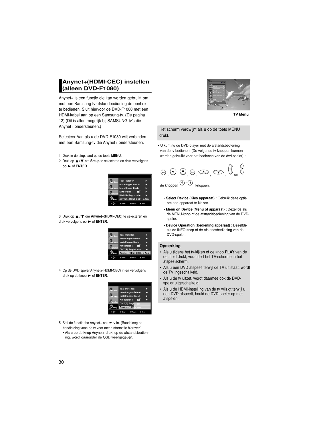 Samsung DVD-F1080/EDC manual Anynet+HDMI-CEC instellen alleen DVD-F1080, Het scherm verdwijnt als u op de toets Menu Drukt 