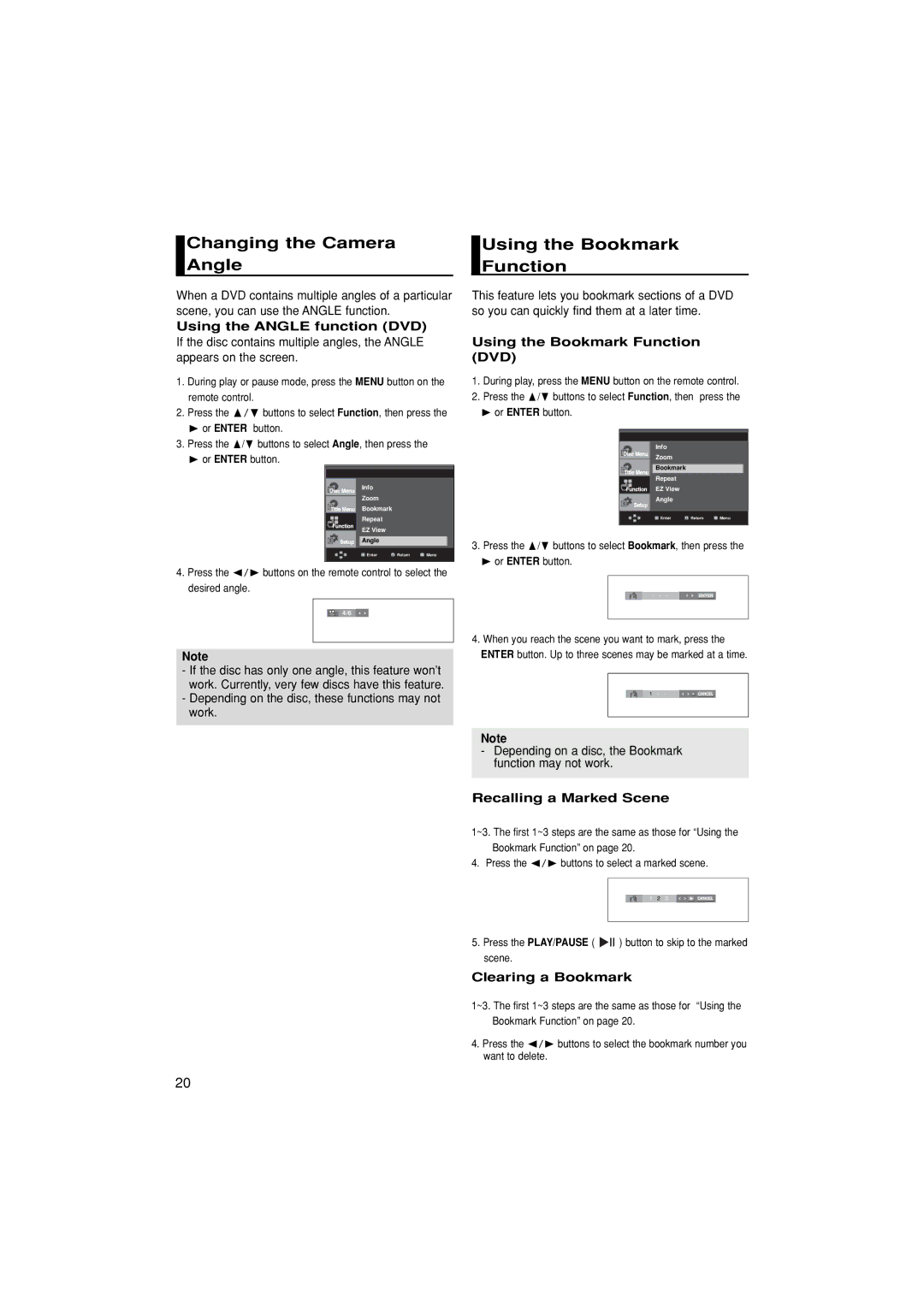 Samsung DVD-F1080/EDC, DVD-F1080/XTC, DVD-FP580/XEL, DVD-F1080W/XEL Changing the Camera Angle, Using the Bookmark Function 