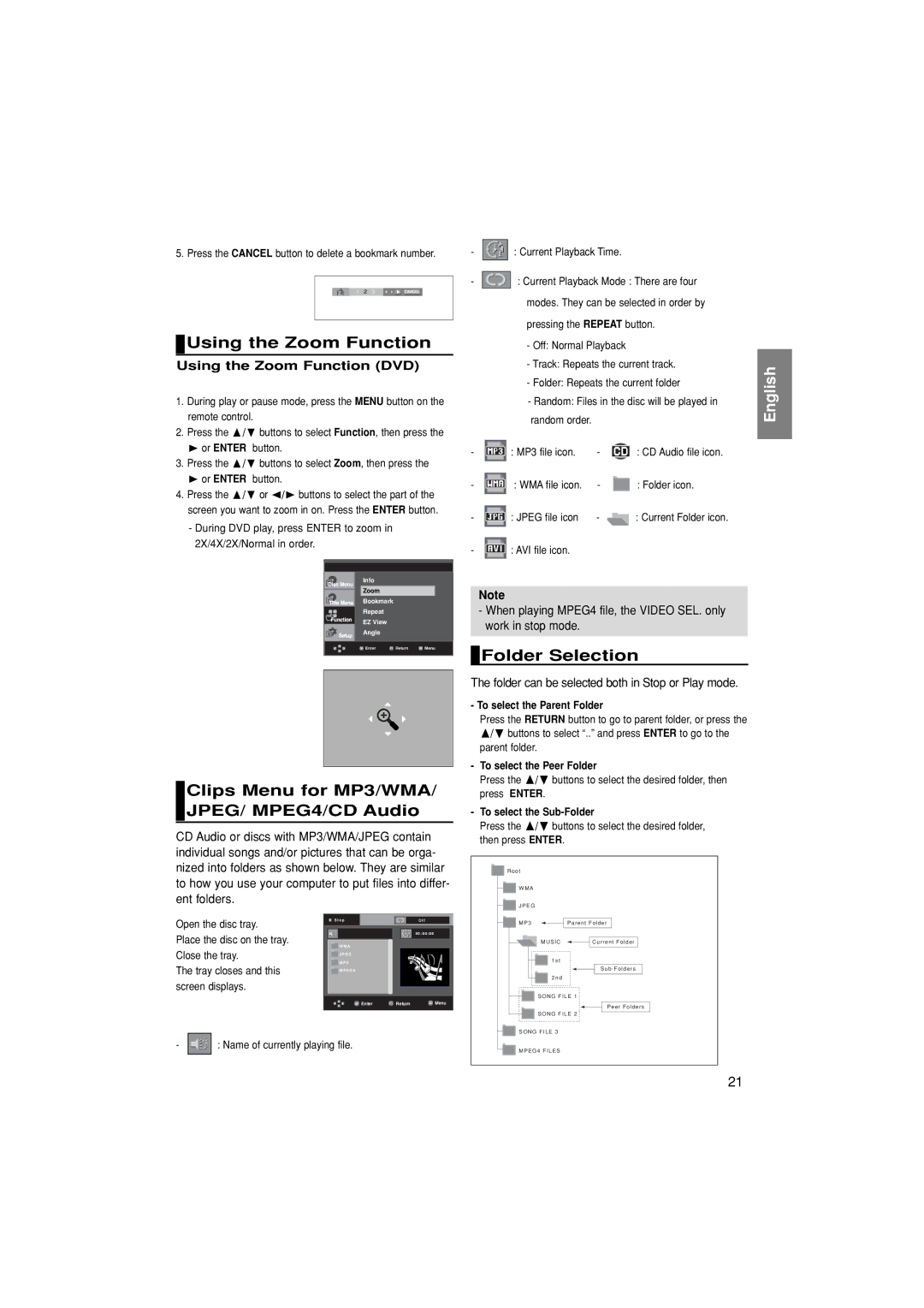 Samsung DVD-F1080/XTC manual Using the Zoom Function, Clips Menu for MP3/WMA/ JPEG/ MPEG4/CD Audio, Folder Selection 