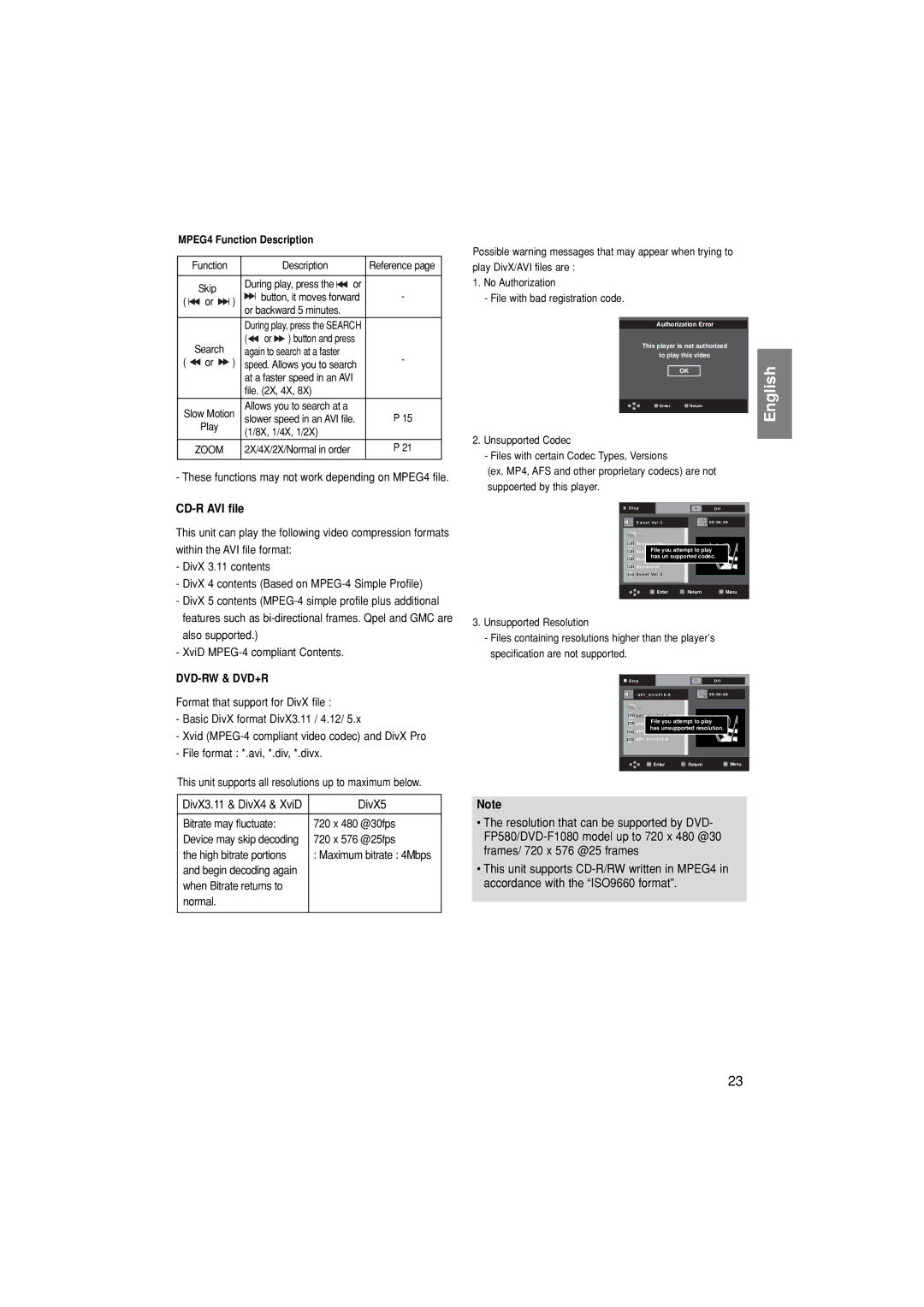 Samsung DVD-F1080W/XEL, DVD-F1080/EDC, DVD-F1080/XTC, DVD-FP580/XEL manual CD-R AVI file, DivX5, MPEG4 Function Description 