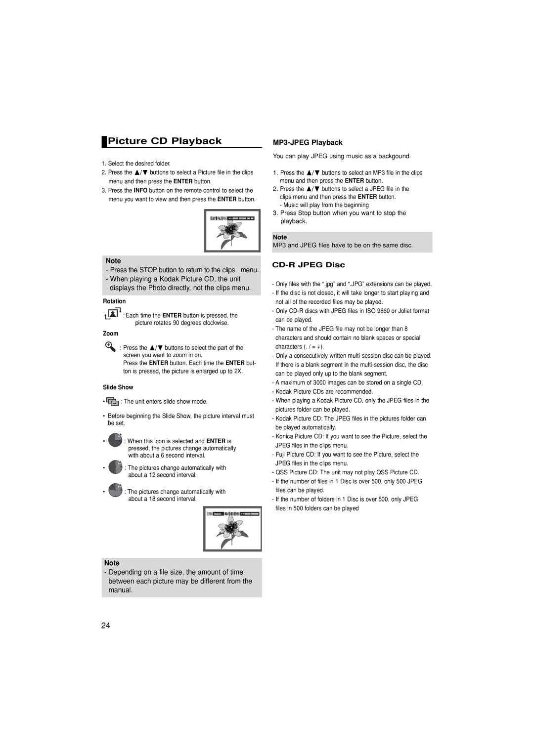 Samsung DVD-F1080/XEL manual Picture CD Playback, MP3-JPEG Playback, Press the Stop button to return to the clips menu 