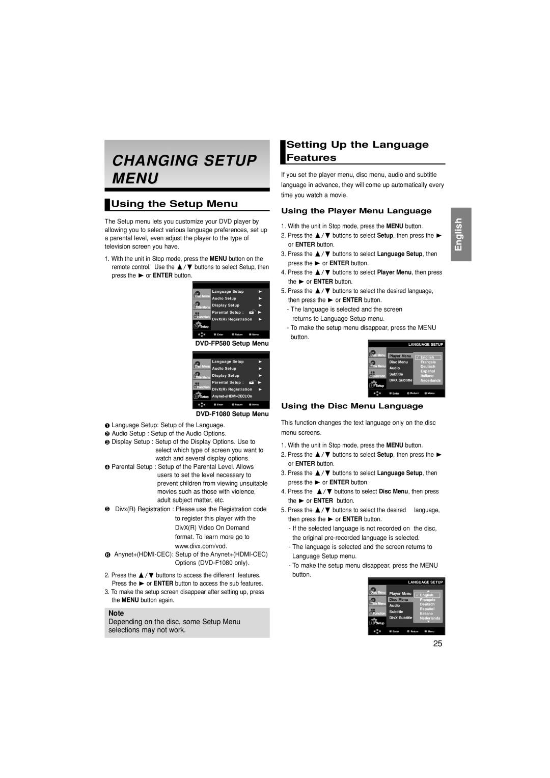 Samsung DVD-F1080/EDC, DVD-F1080/XTC manual Changing Setup Menu, Using the Setup Menu, Setting Up the Language Features 