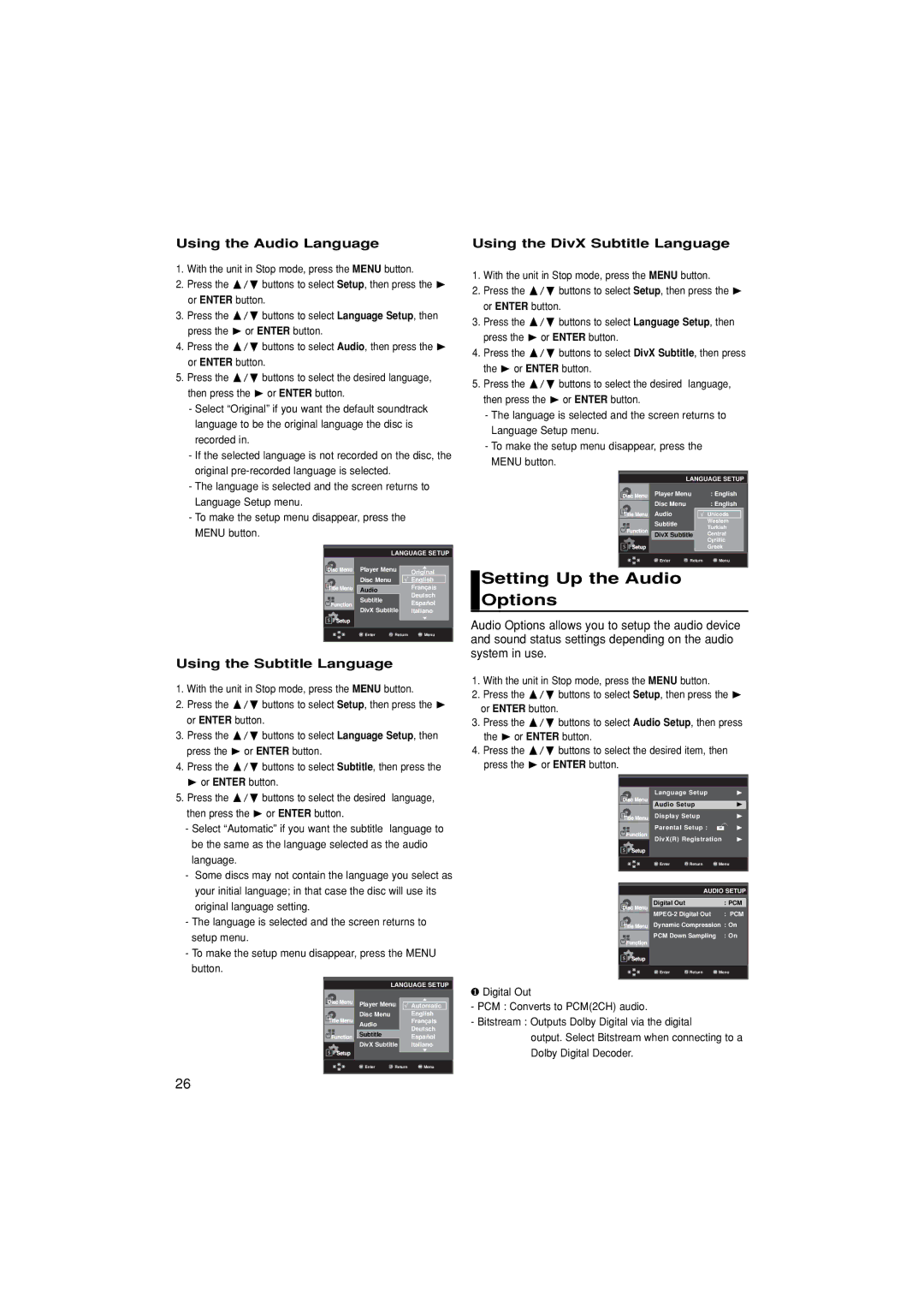 Samsung DVD-F1080/XTC, DVD-F1080/EDC Setting Up the Audio Options, Using the Audio Language, Using the Subtitle Language 