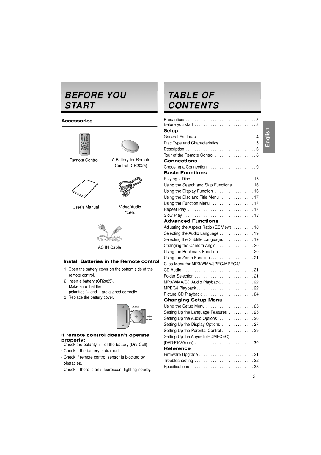 Samsung DVD-F1080W/XEL, DVD-F1080/EDC, DVD-F1080/XTC, DVD-FP580/XEL, DVD-F1080/XEL manual Before YOU Start Contents 