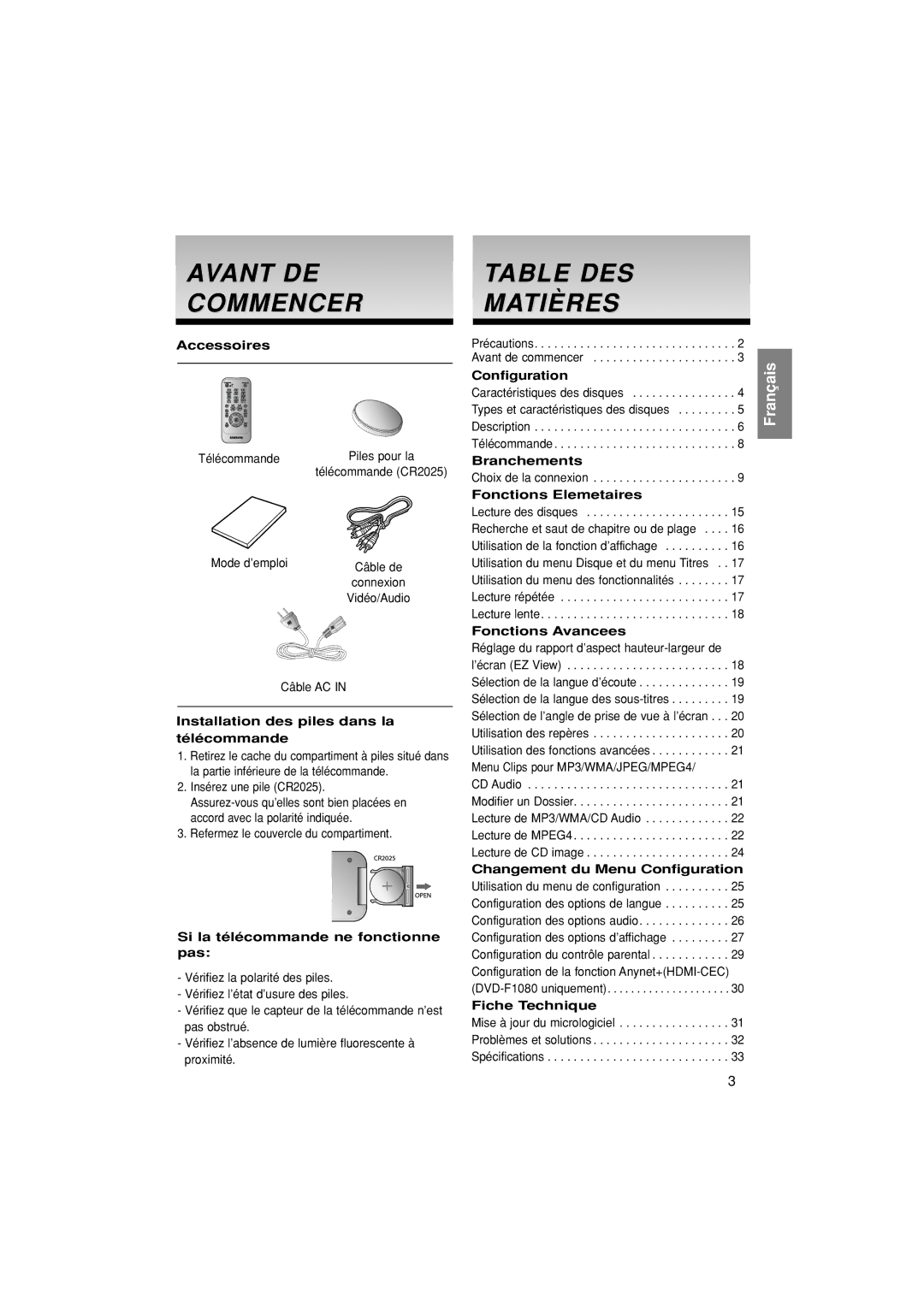 Samsung DVD-F1080W/XEL, DVD-F1080/EDC, DVD-F1080/XTC, DVD-FP580/XEL, DVD-F1080/XEL Avant DE Commencer, Table DES Matières 