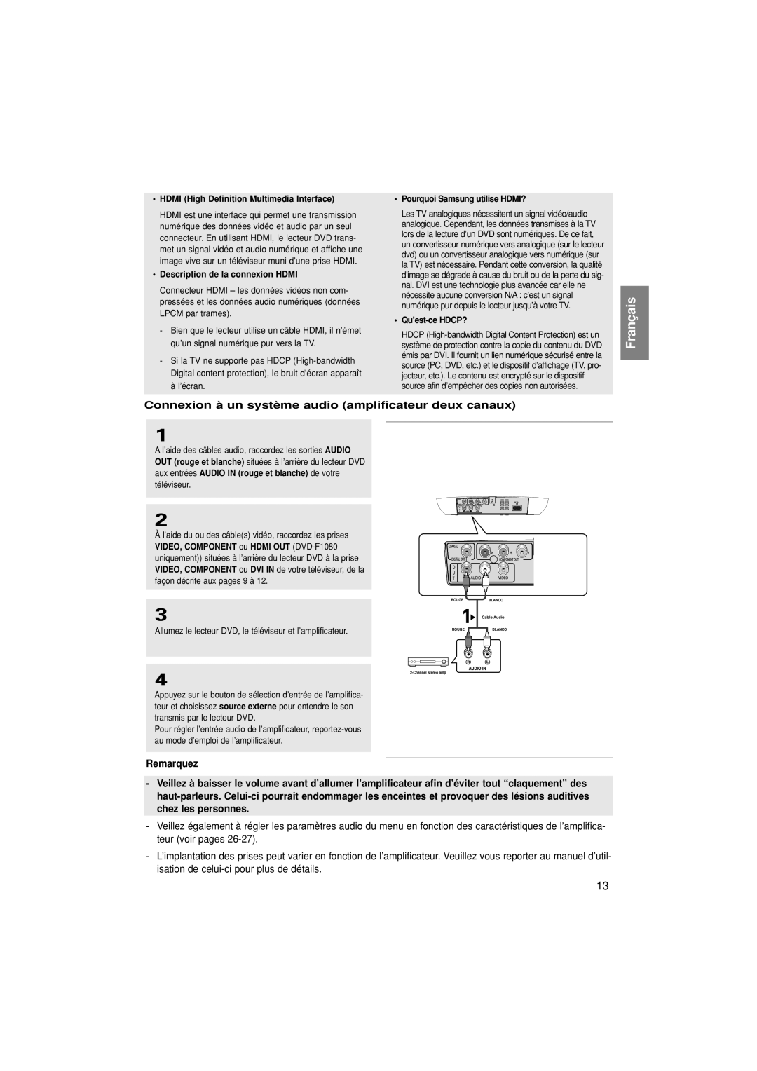 Samsung DVD-F1080W/XEL Connexion à un système audio amplificateur deux canaux, Remarquez, Description de la connexion Hdmi 