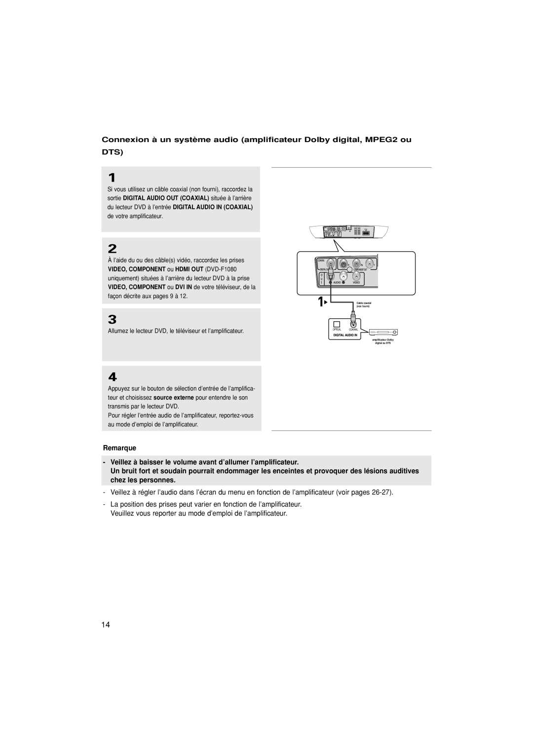 Samsung DVD-F1080/XEL, DVD-F1080/EDC, DVD-F1080/XTC manual Dts, Allumez le lecteur DVD, le téléviseur et l’amplificateur 