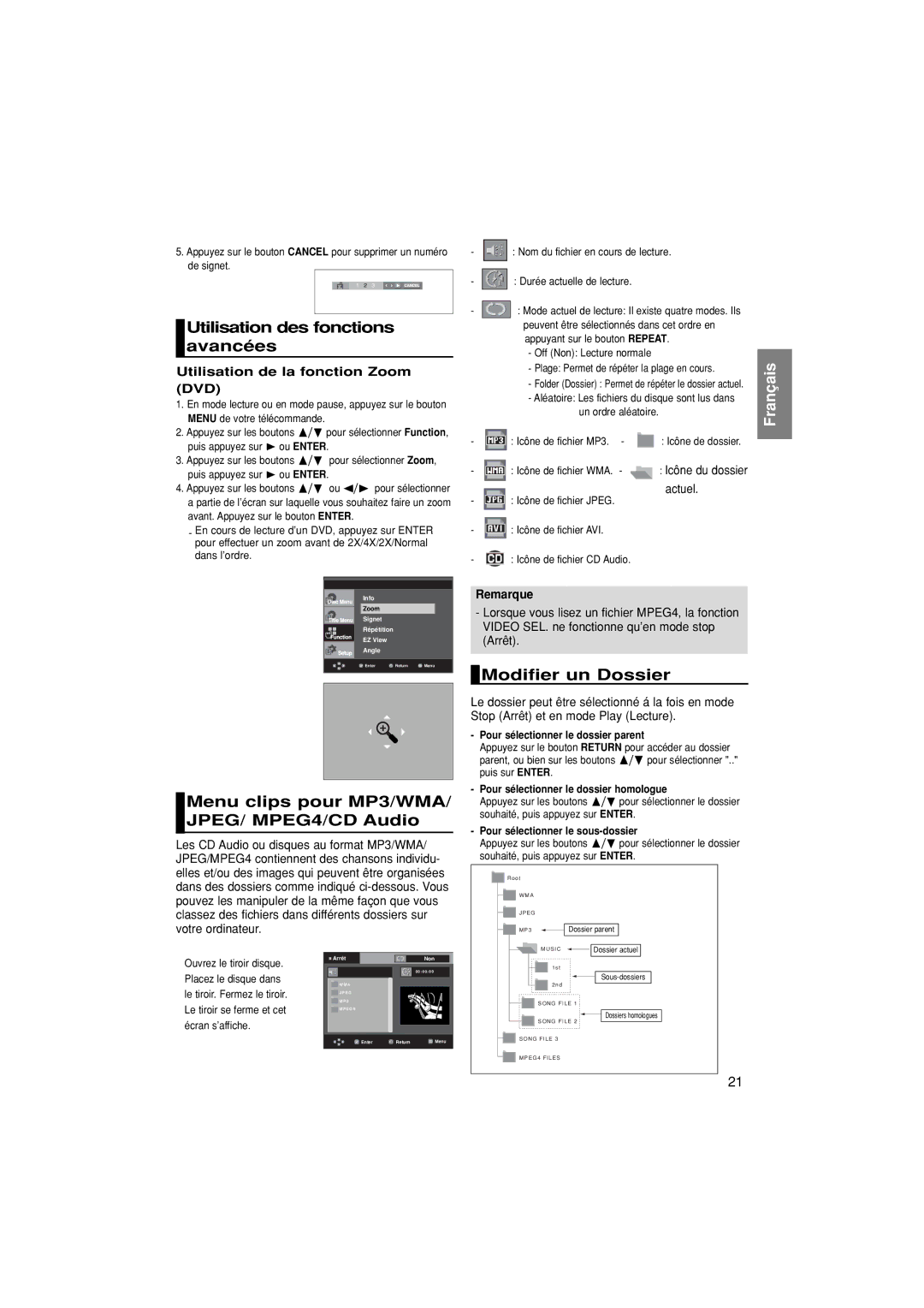 Samsung DVD-F1080/XTC manual Utilisation des fonctions avancées, Menu clips pour MP3/WMA/ JPEG/ MPEG4/CD Audio, Actuel 