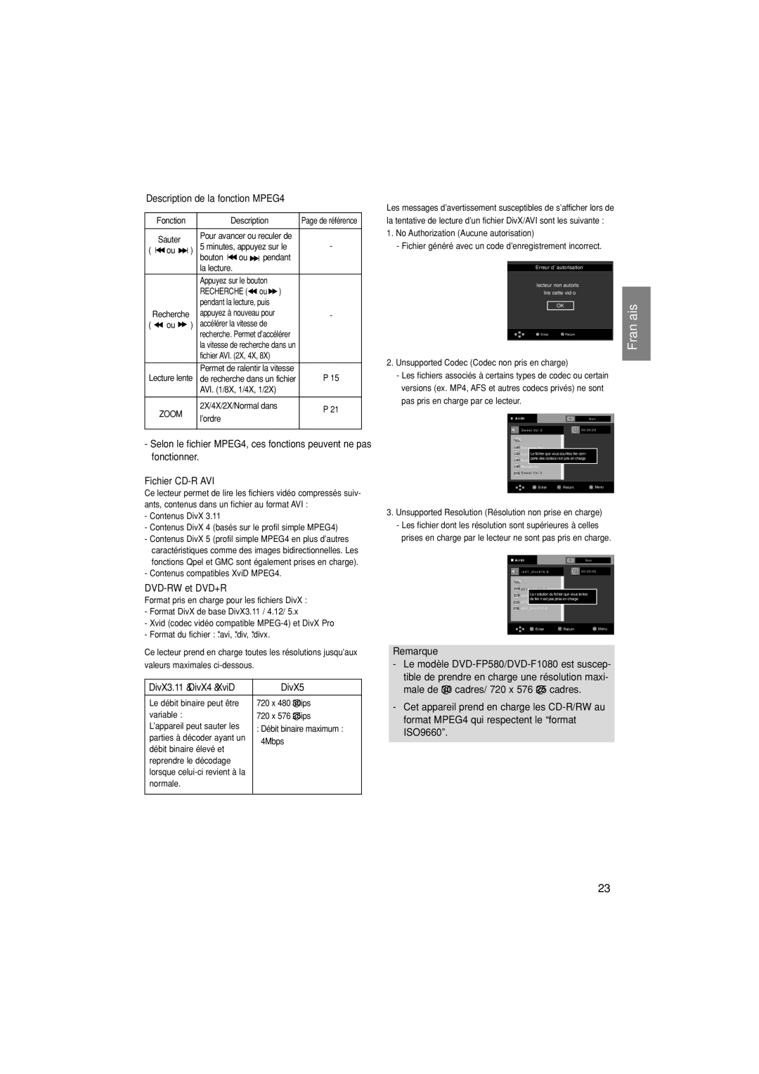 Samsung DVD-F1080W/XEL, DVD-F1080/EDC, DVD-F1080/XTC Description de la fonction MPEG4, Fichier CD-R AVI, DVD-RW et DVD+R 