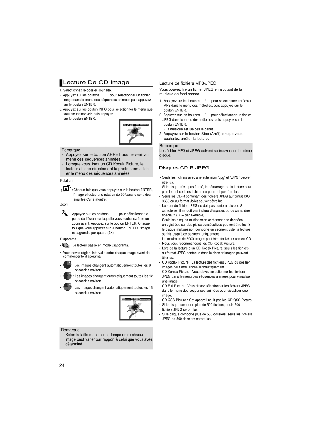 Samsung DVD-F1080/XEL, DVD-F1080/EDC manual Lecture De CD Image, Lecture de fichiers MP3-JPEG, Disques CD-R Jpeg, Diaporama 