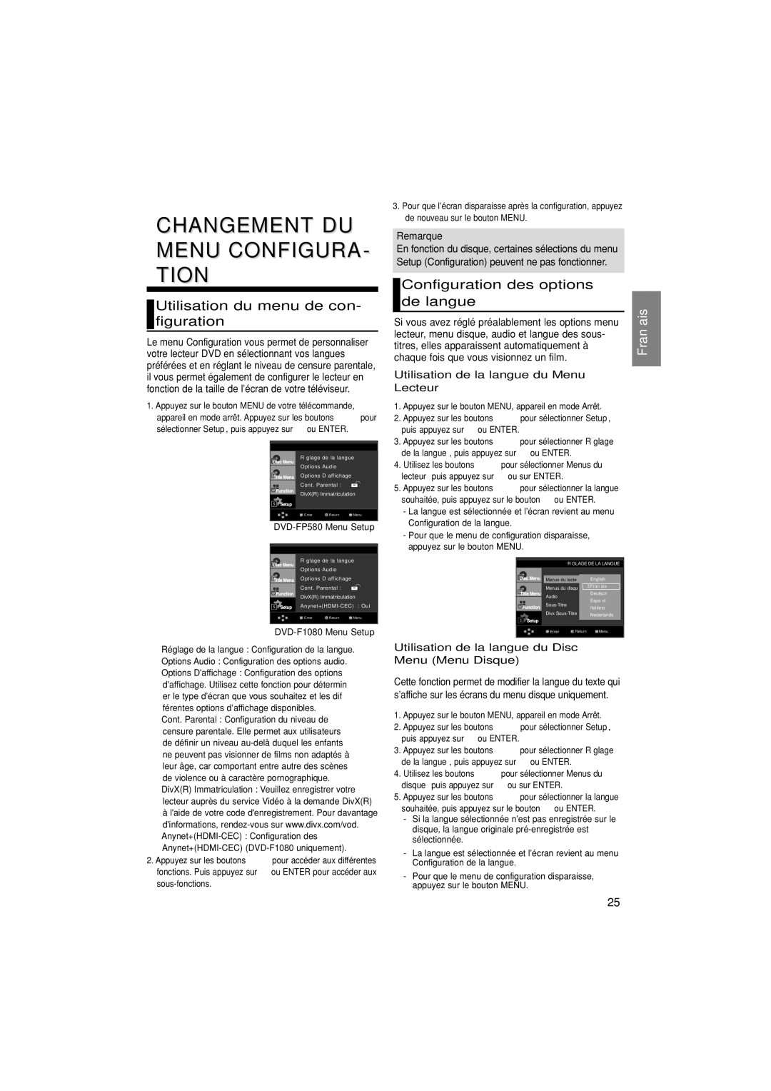 Samsung DVD-F1080/EDC, DVD-F1080/XTC manual Changement DU Menu CONFIGURA- Tion, Utilisation du menu de con- figuration 