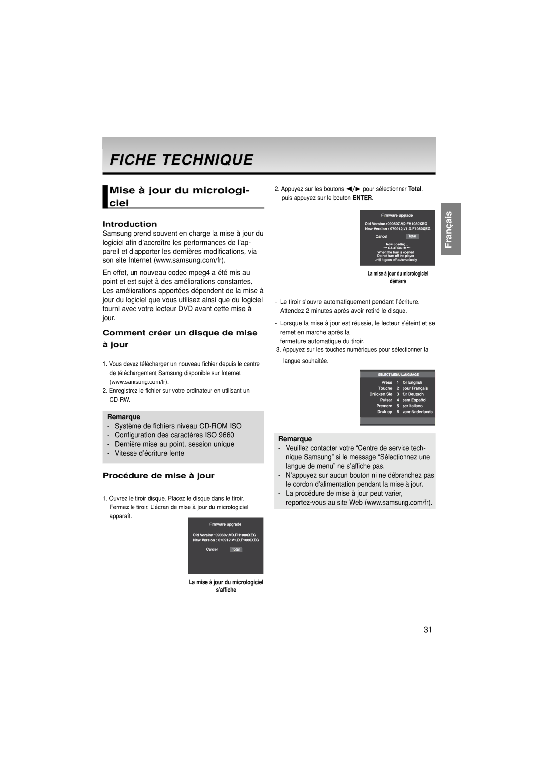 Samsung DVD-F1080/XTC, DVD-F1080/EDC Fiche Technique, Mise à jour du micrologi- ciel, Comment créer un disque de mise Jour 