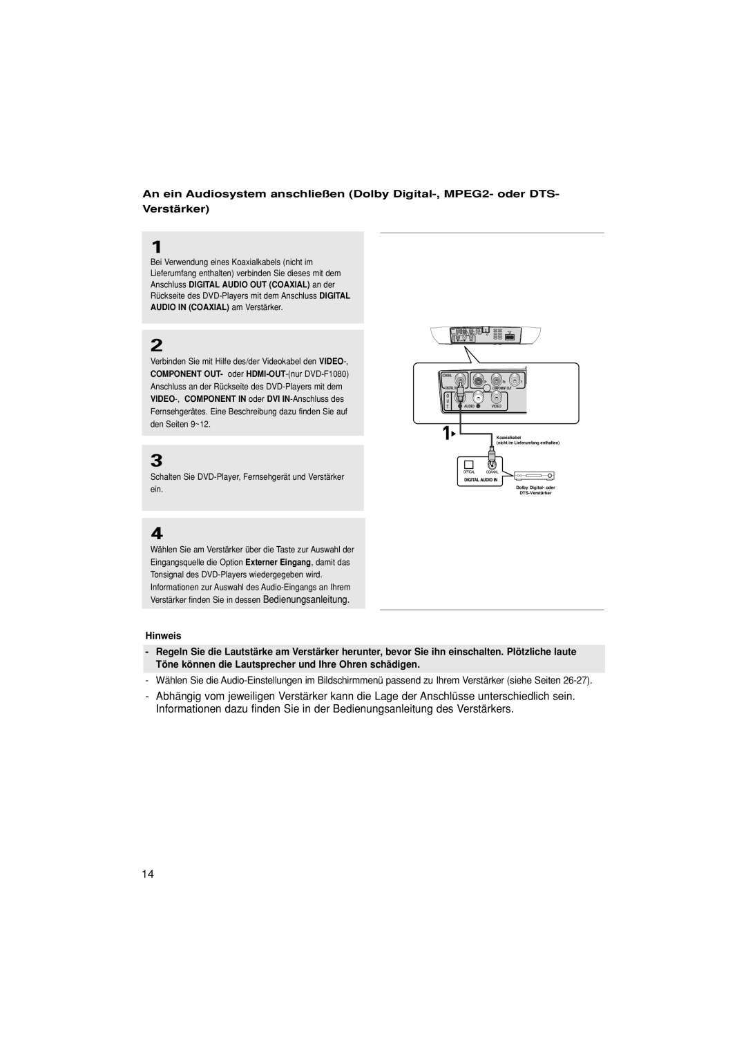 Samsung DVD-F1080/XEL Anschluss Digital Audio OUT Coaxial an der, Rückseite des DVD-Players mit dem Anschluss Digital 