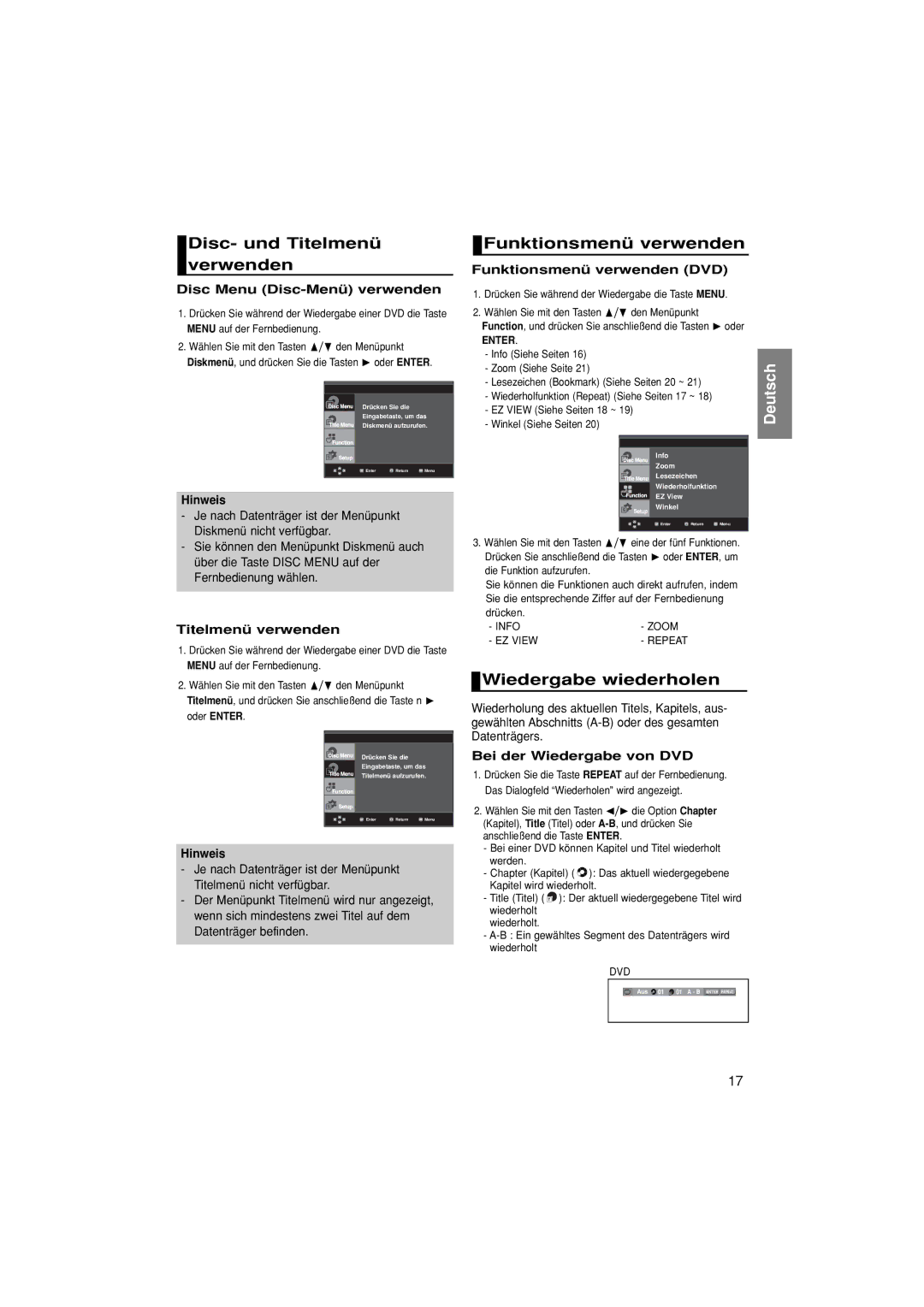 Samsung DVD-FP580/XEL, DVD-F1080/EDC manual Disc- und Titelmenü verwenden, Funktionsmenü verwenden, Wiedergabe wiederholen 