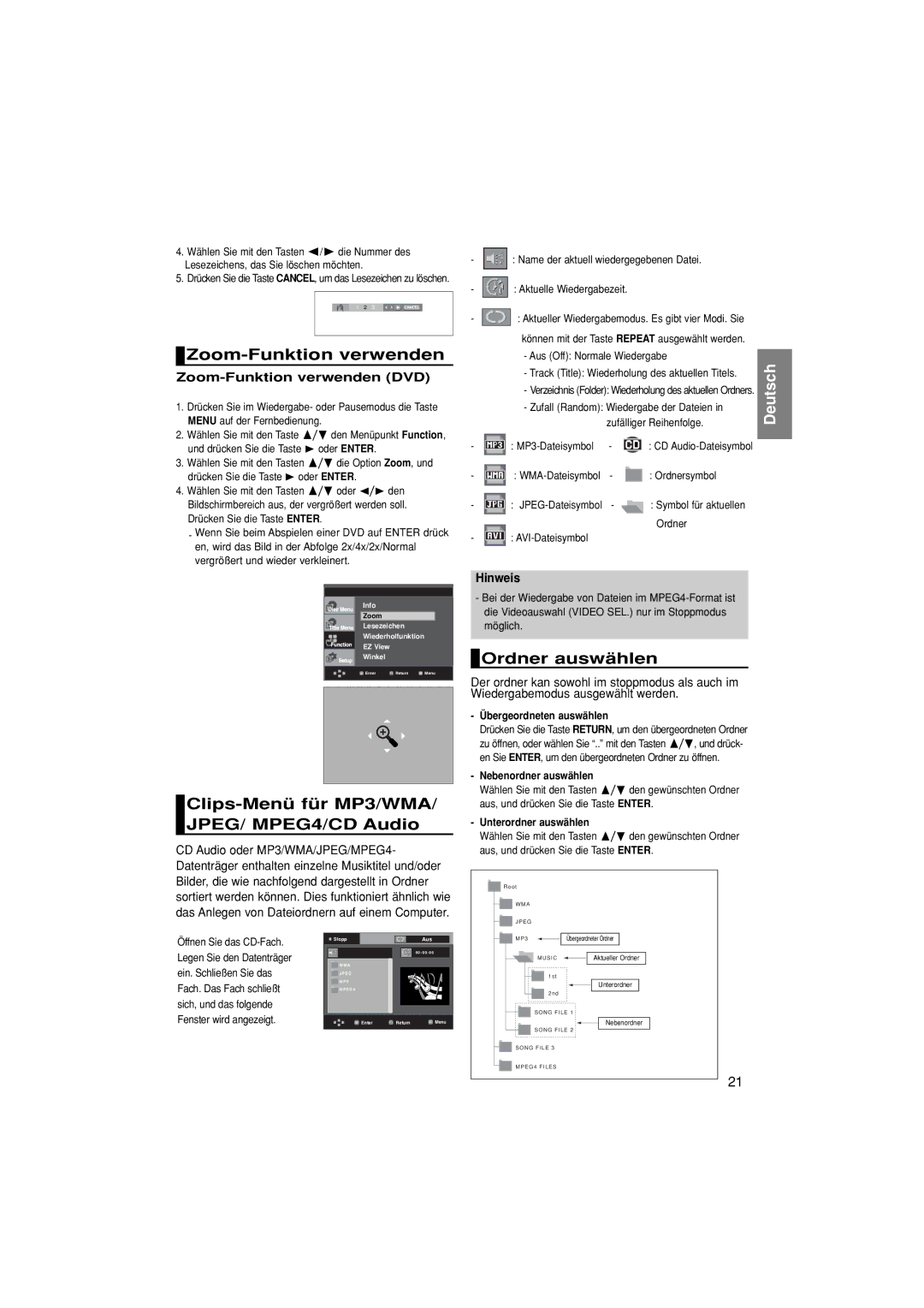 Samsung DVD-F1080/XTC manual Zoom-Funktion verwenden, Clips-Menü für MP3/WMA/ JPEG/ MPEG4/CD Audio, Ordner auswählen 