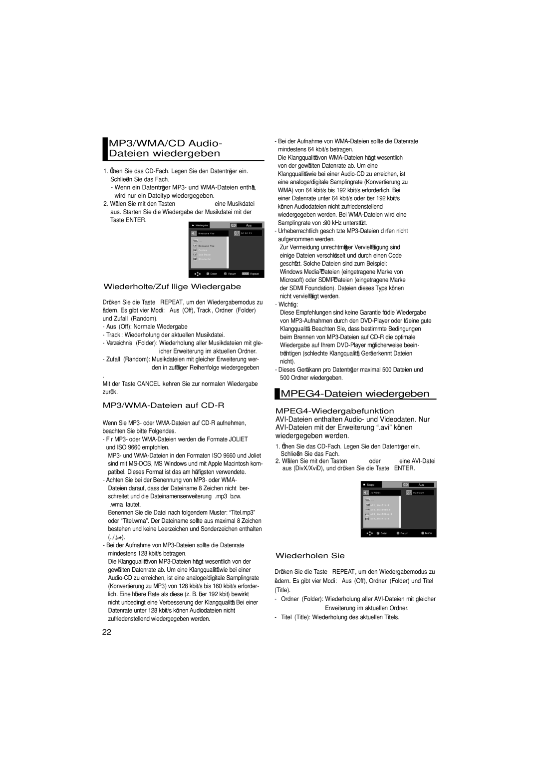 Samsung DVD-FP580/XEL MP3/WMA/CD Audio Dateien wiedergeben, MPEG4-Dateien wiedergeben, Wiederholte/Zufällige Wiedergabe 