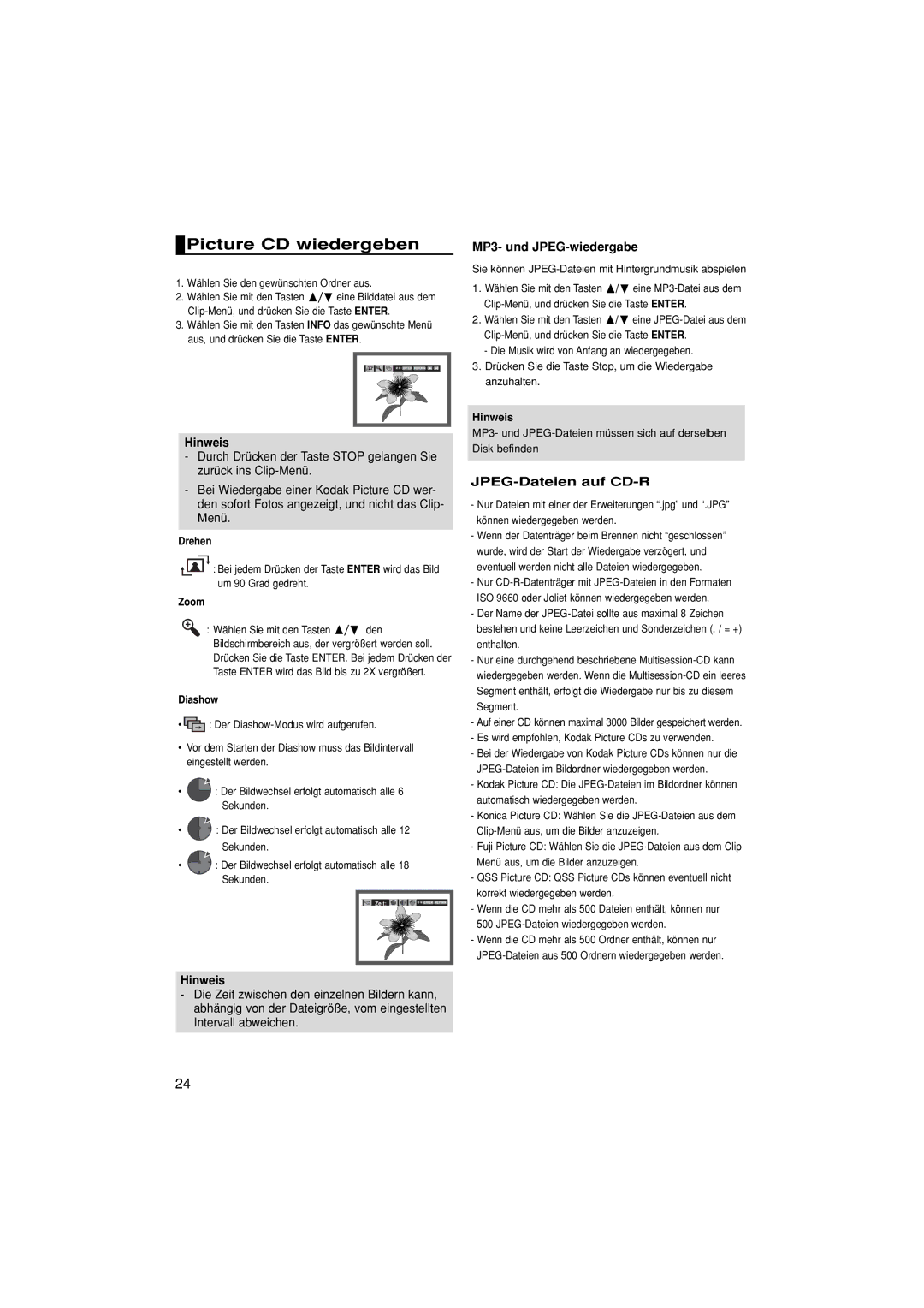 Samsung DVD-F1080/XEL, DVD-F1080/EDC, DVD-F1080/XTC Picture CD wiedergeben, MP3- und JPEG-wiedergabe, JPEG-Dateien auf CD-R 