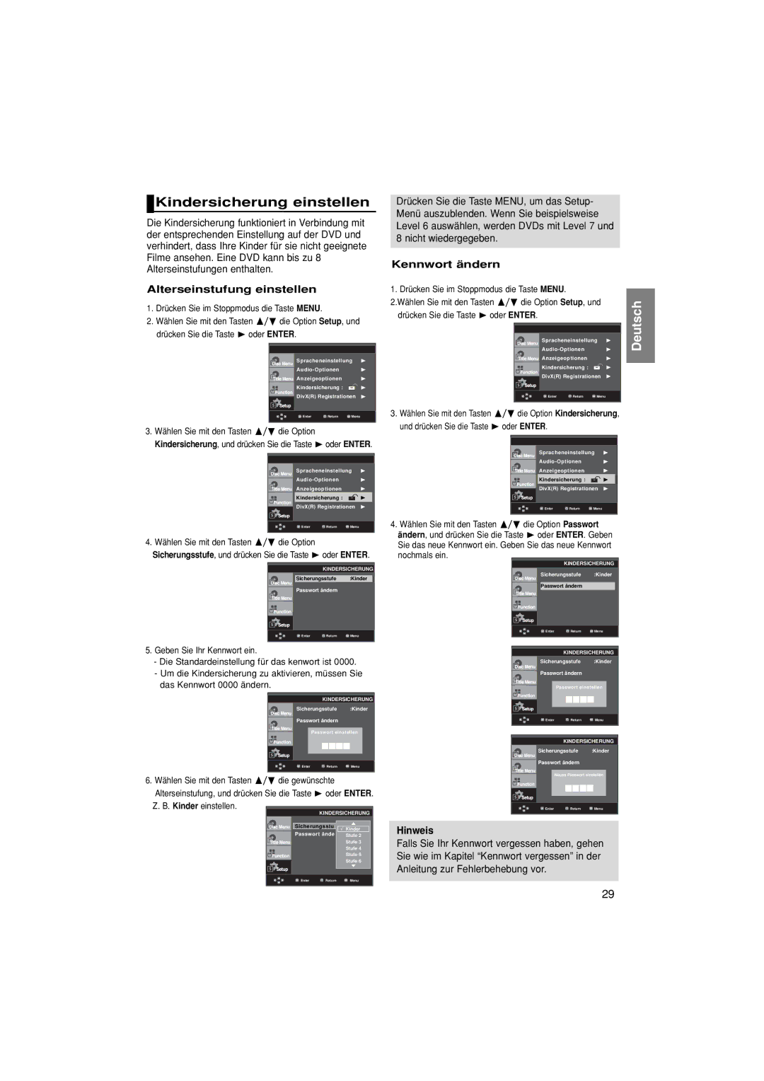 Samsung DVD-F1080/XEL, DVD-F1080/EDC manual Kindersicherung einstellen, Alterseinstufung einstellen, Kennwort ändern 